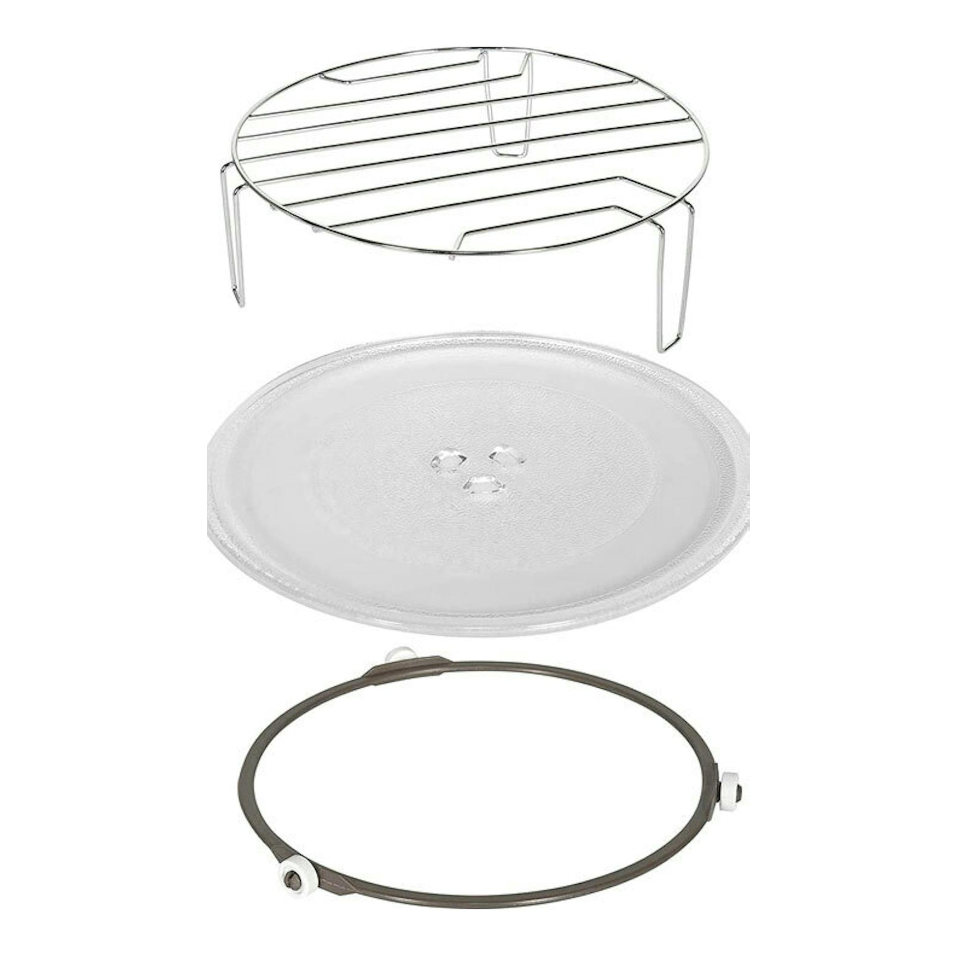 Kit para microondas Exquisit RMW7203 DIG negro: rejilla, plato de vidrio y aro giratorio, vista frontal.