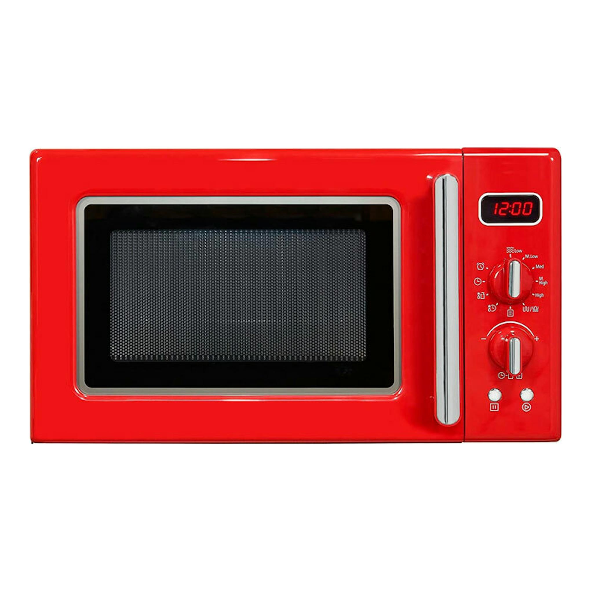 Microondas Exquisit RMW7203 DIG rojo, vista frontal, con puerta negra y panel digital lateral.