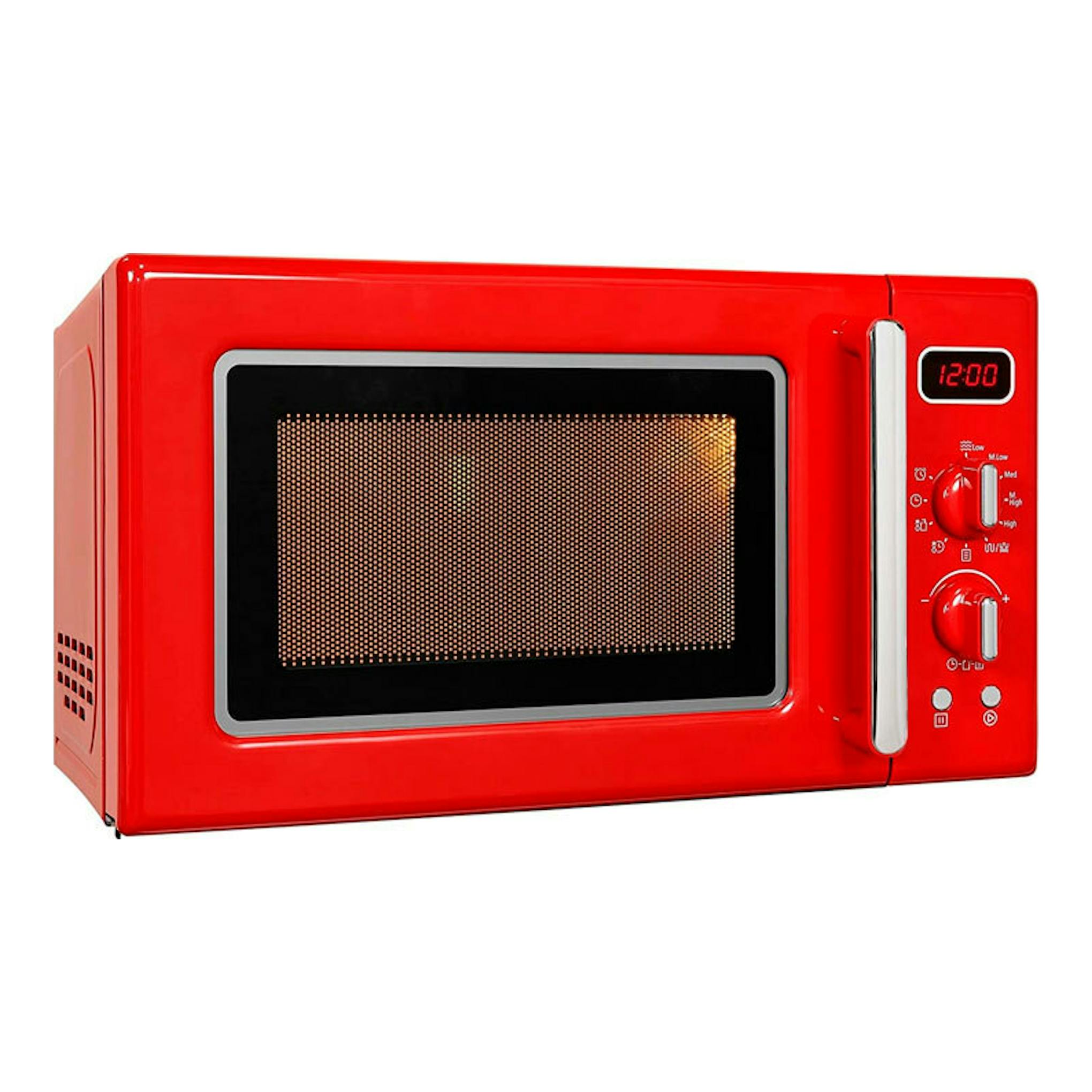 Microondas Exquisit RMW7203 DIG rojo, vista frontal en ángulo, con display digital y mandos giratorios.