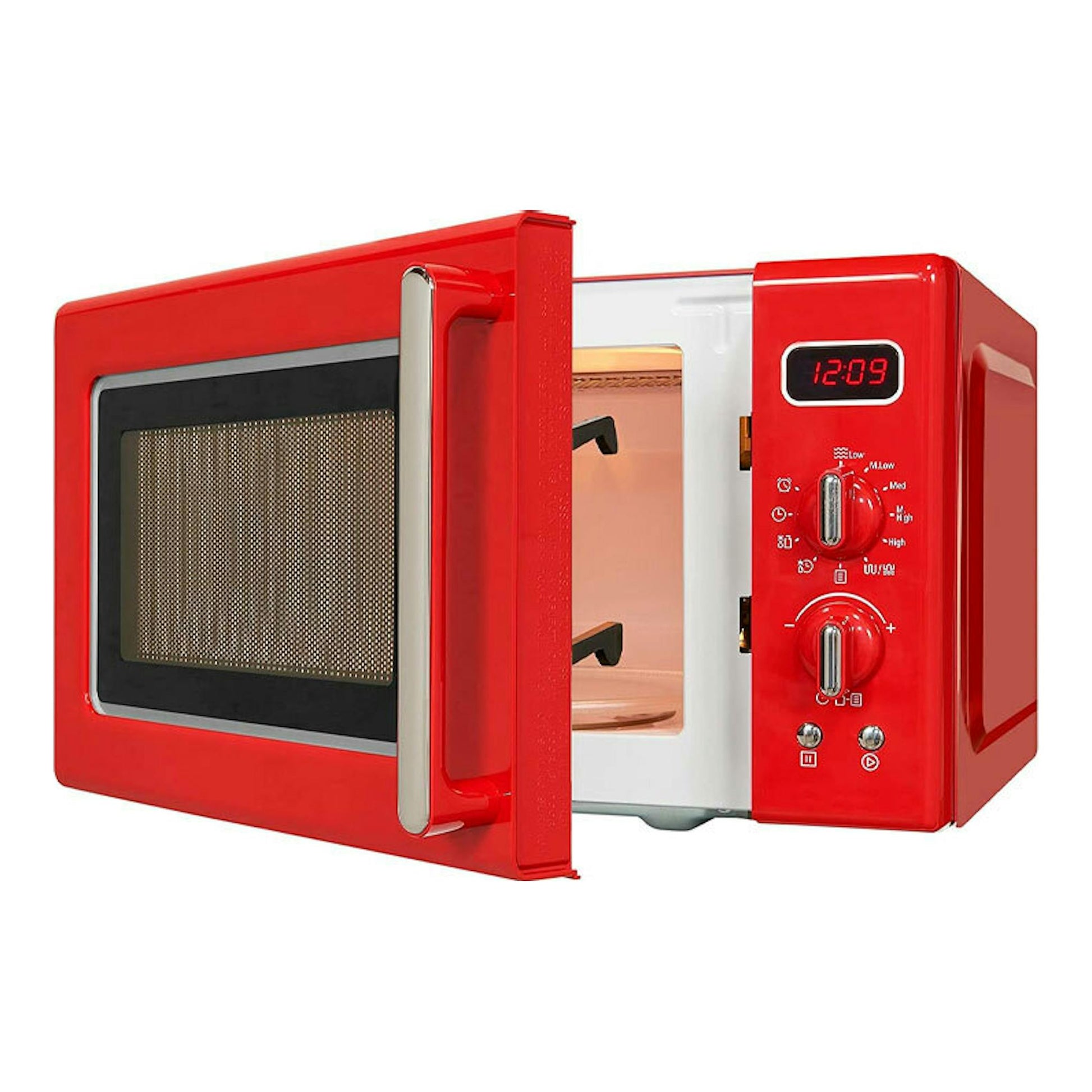 Microondas Exquisit RMW7203 DIG rojo, vista frontal en tres cuartos, con puerta abierta y display digital.