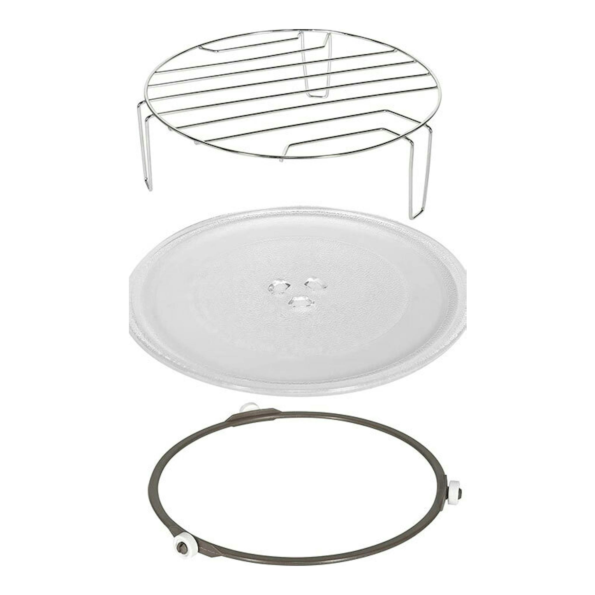 Accesorios de microondas Exquisit RMW7203 DIG: rejilla metálica, plato de vidrio y aro giratorio.
