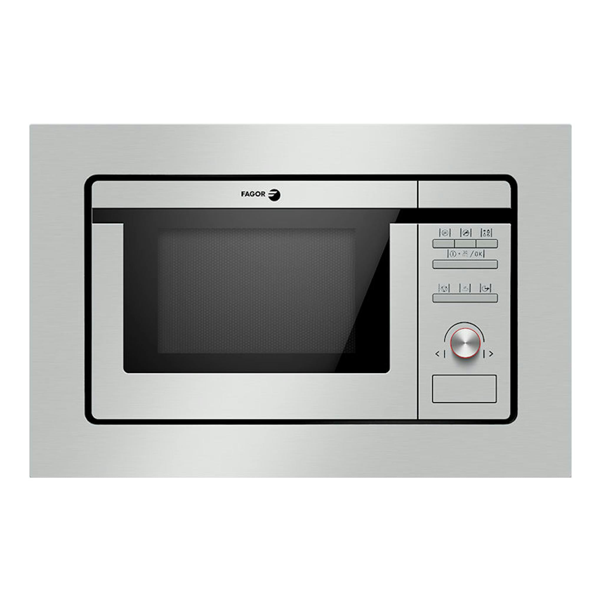 Microondas empotrable Fagor 3MWB201CEGX en inox, vista frontal con puerta negra y panel de control lateral derecho.