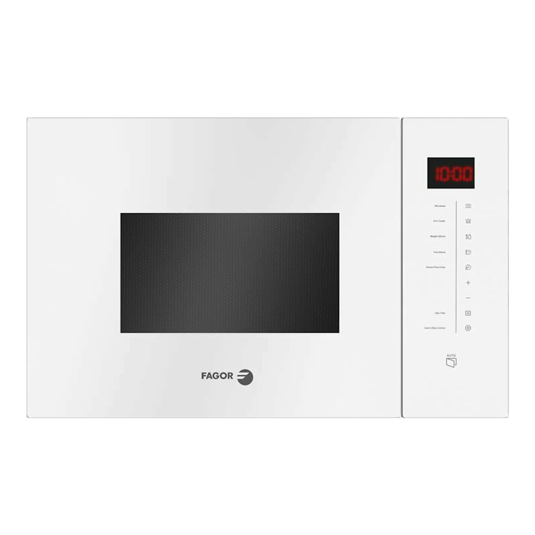 Microondas Fagor 3MWB25BTCGB blanco, vista frontal, con puerta negra y panel de control digital a la derecha.