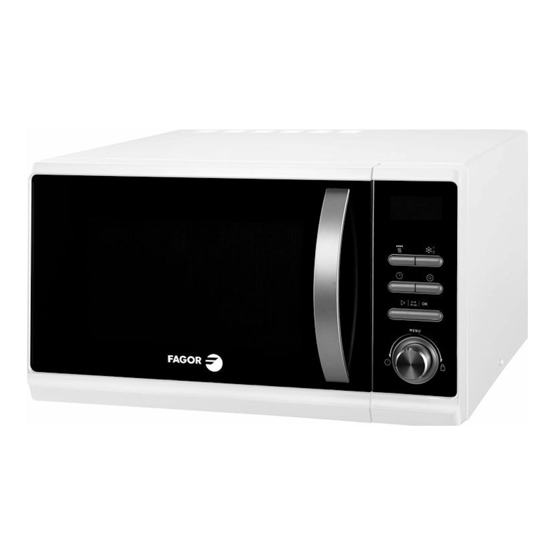 Microondas Fagor 3MWF235DGEB blanco, vista frontal en ángulo, puerta negra y panel lateral.