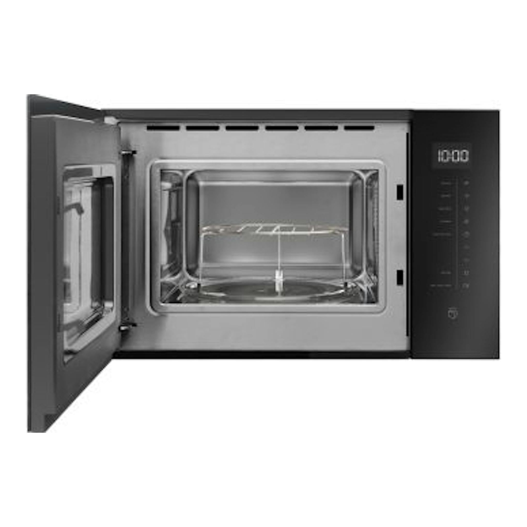Microondas integrable Fagor 4MWB-25MTCGN, vista frontal con puerta abierta, interior de acero inoxidable y panel negro.