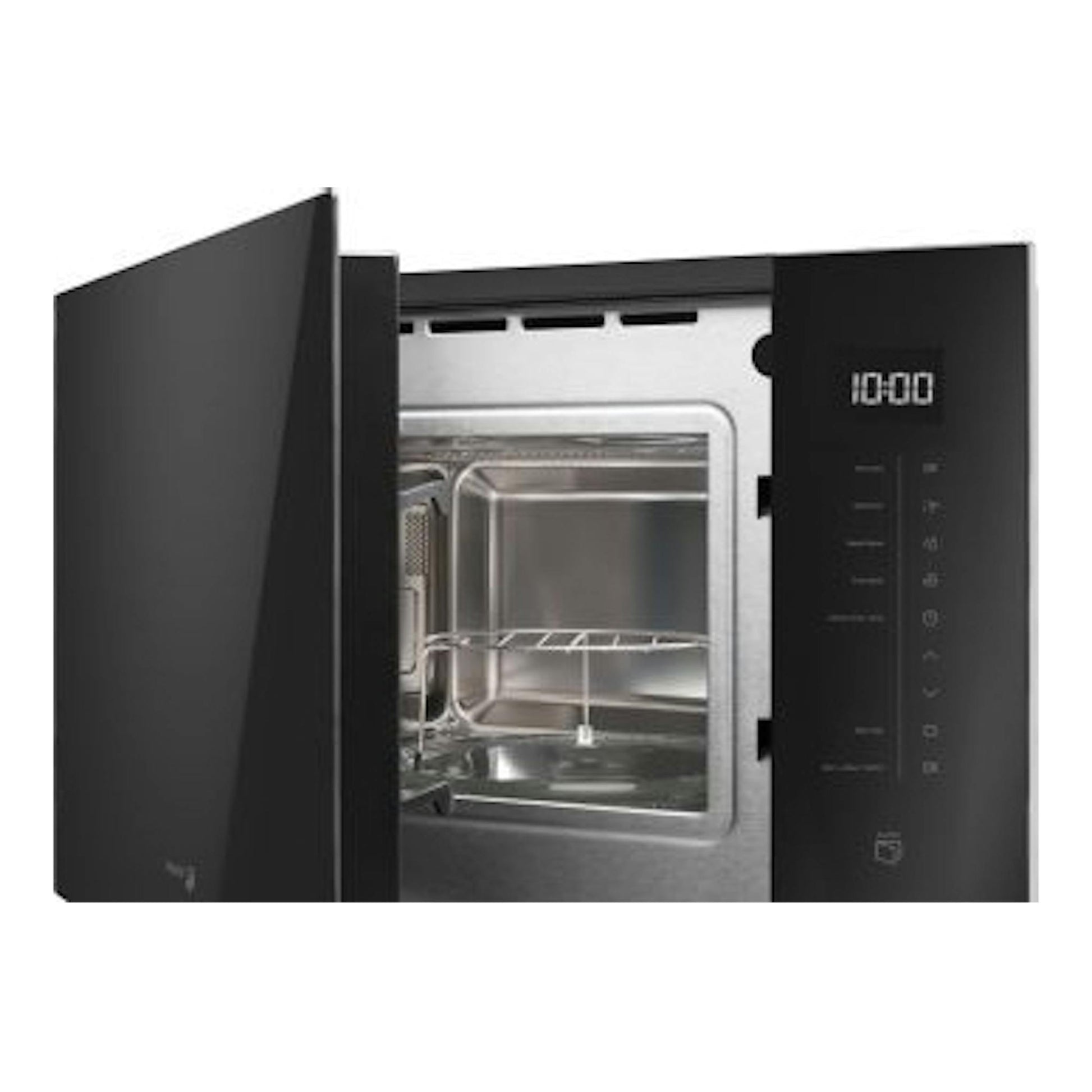 Microondas Fagor 4MWB-25MTCGN negro, vista frontal, puerta abierta, interior plateado y panel digital.