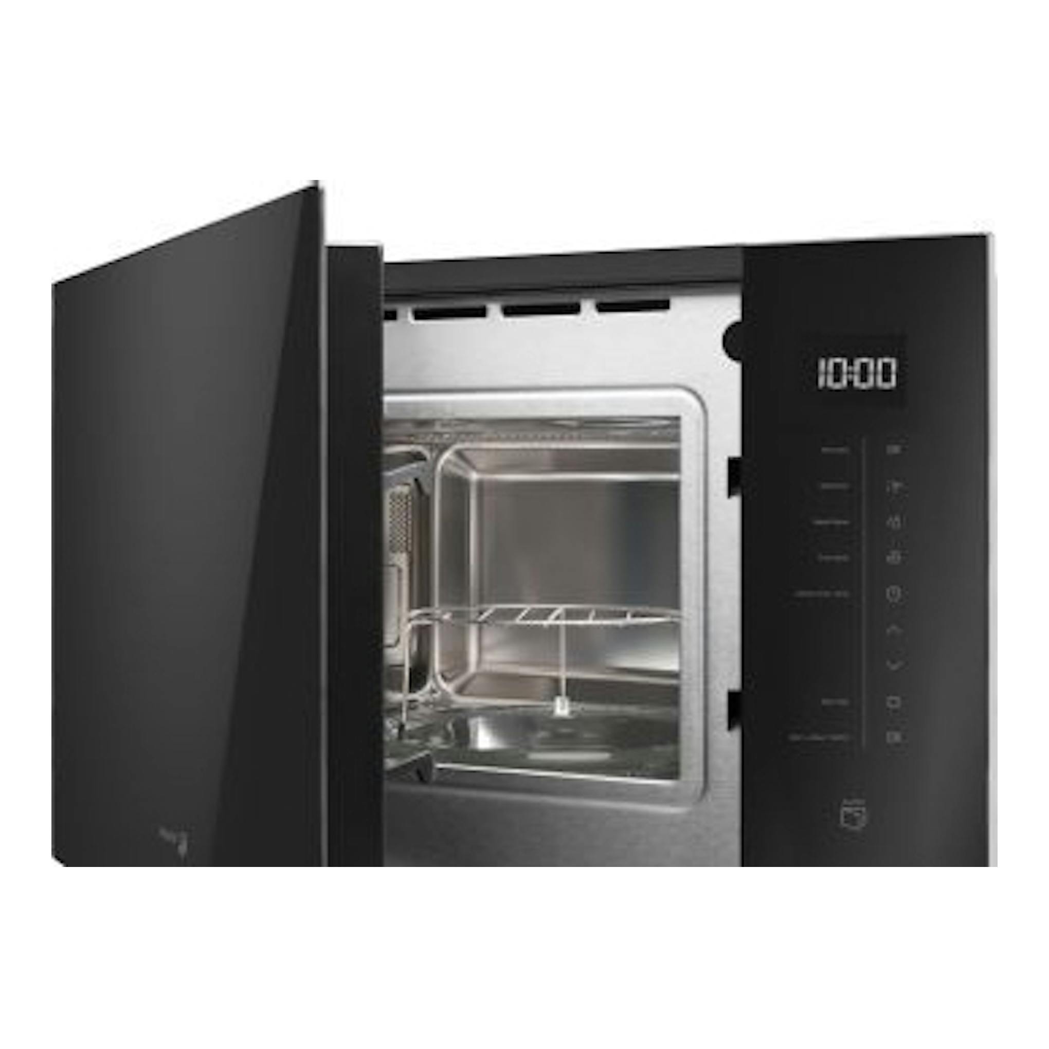 Microondas Fagor 4MWB-25MTCGN negro, vista frontal, puerta abierta, interior plateado y panel digital.