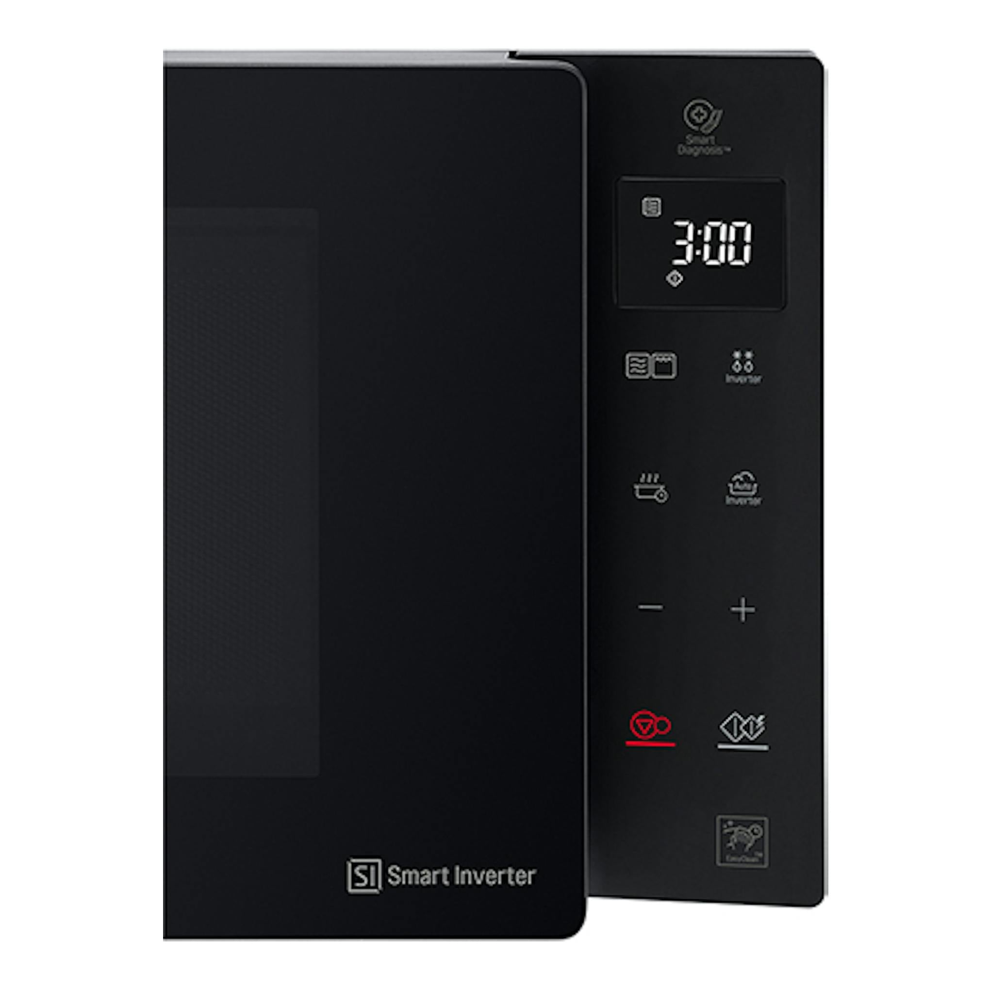 Microondas LG MH6535GIS negro, vista frontal en ángulo con puerta abierta y panel digital.