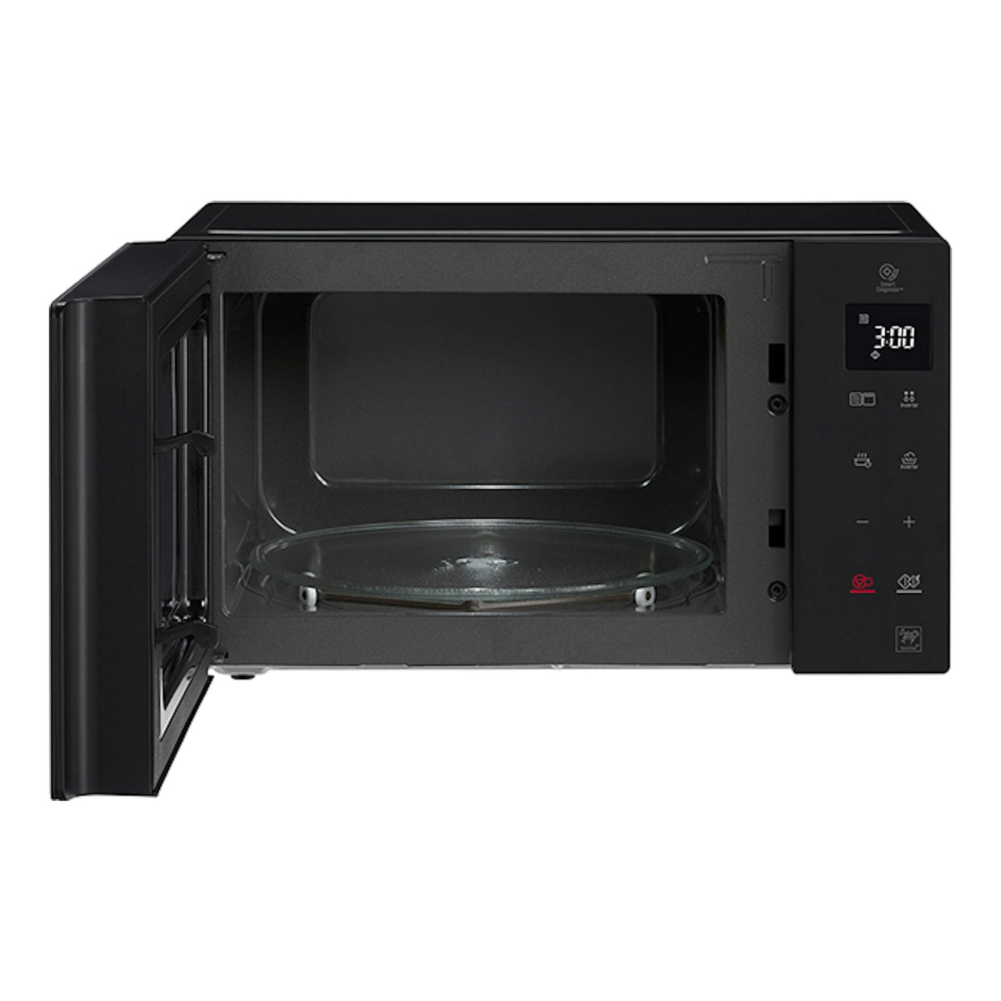 Microondas grill LG MH6535GIS negro, vista frontal con puerta abierta y panel digital a la derecha.