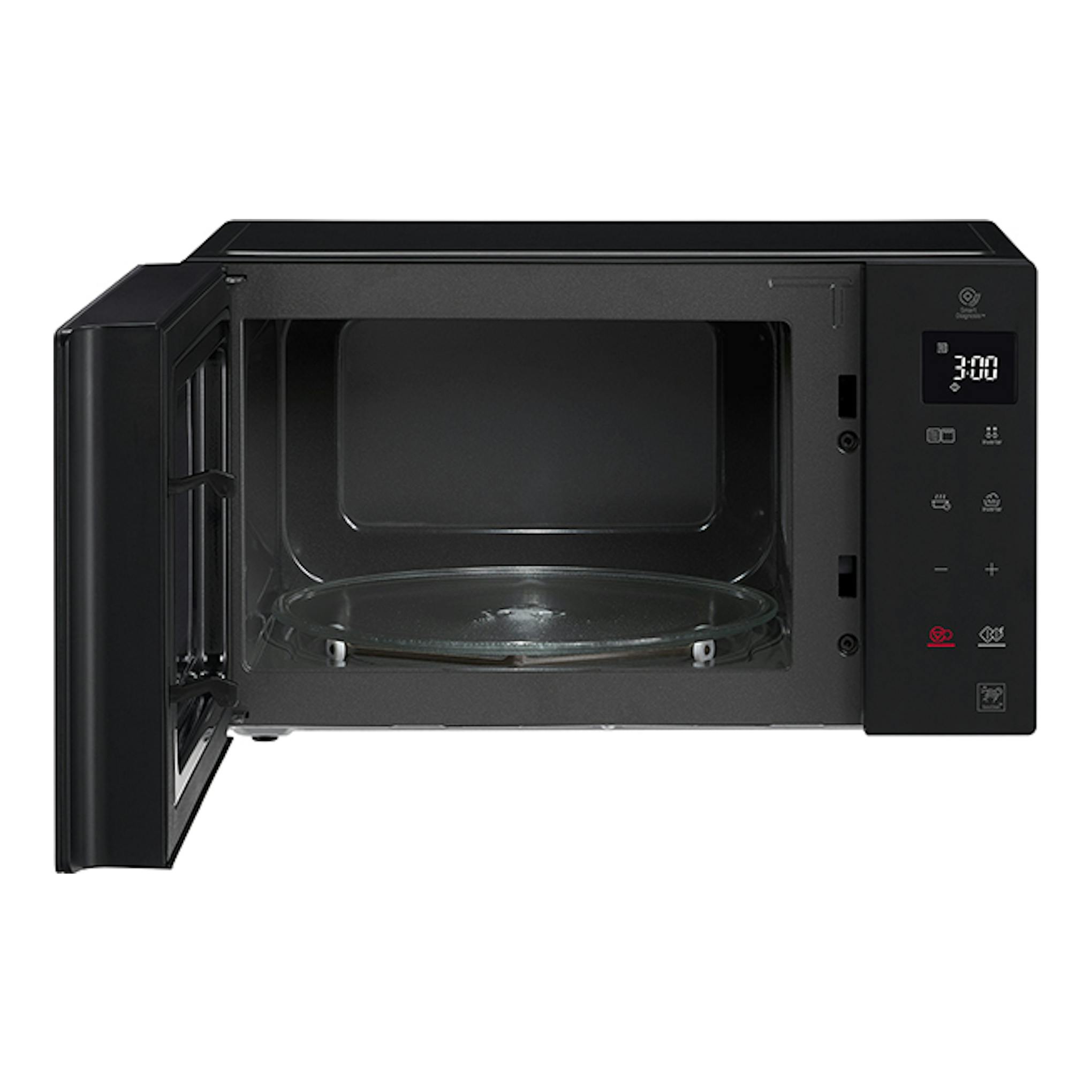 Microondas grill LG MH6535GIS negro, vista frontal con puerta abierta y panel digital a la derecha.