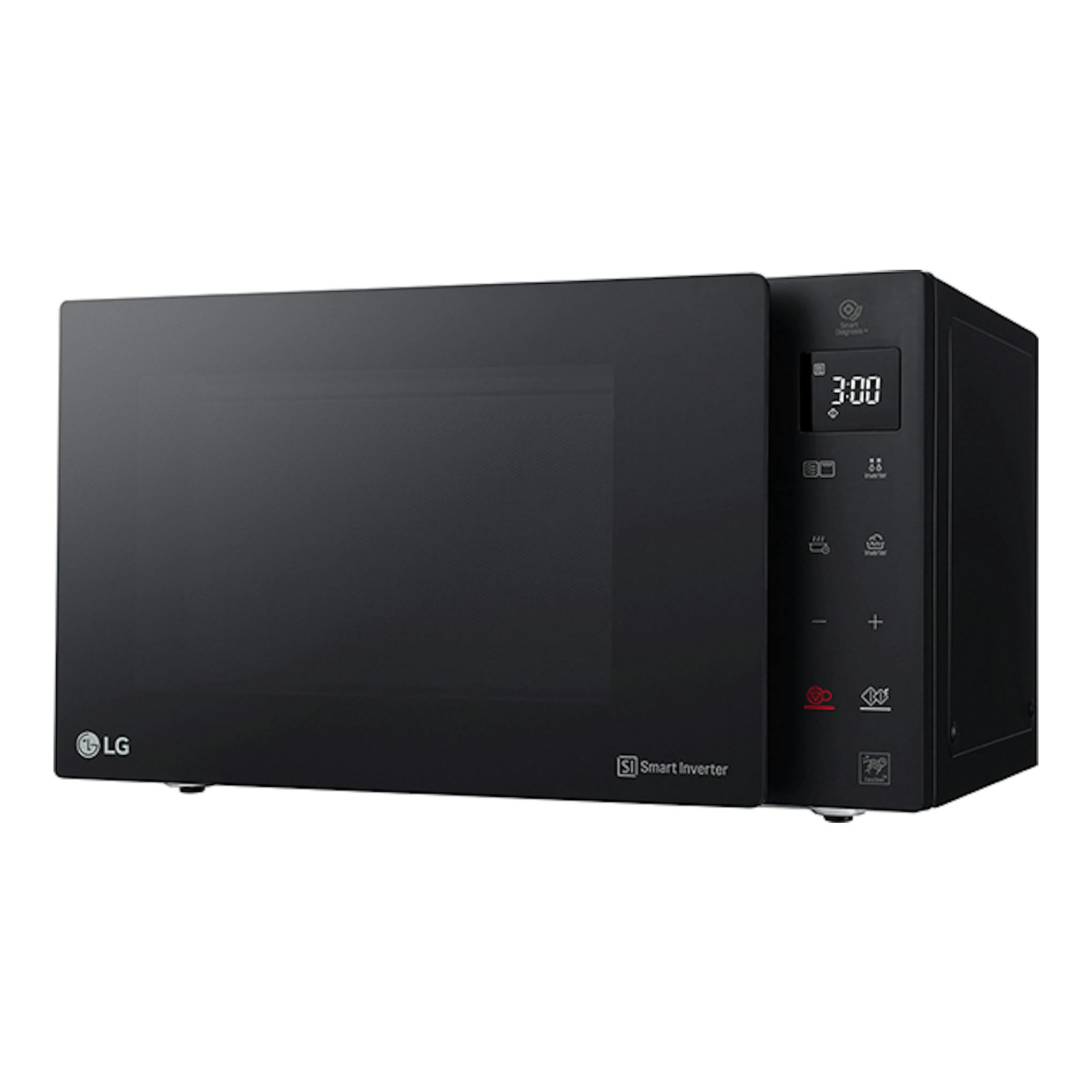 Microondas LG MH6535GIS negro, vista frontal en ángulo con panel digital a la derecha.
