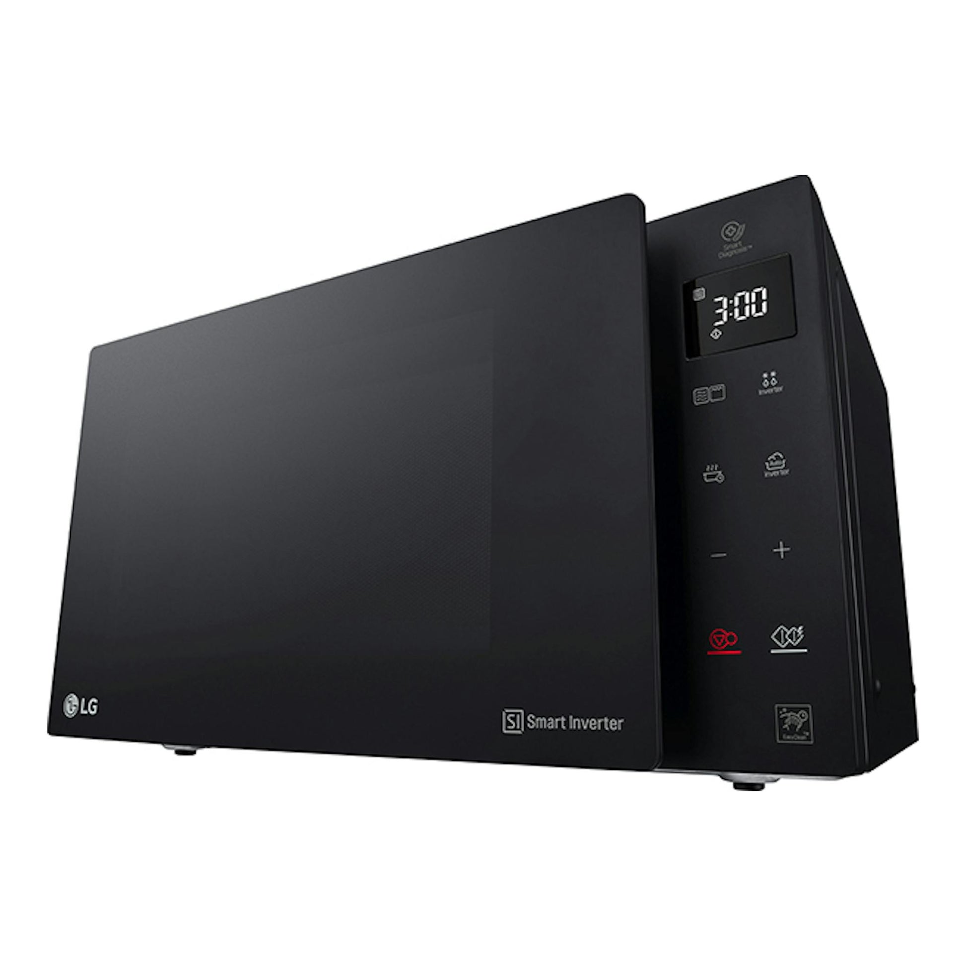 Microondas grill LG MH6535GIS negro, vista frontal en ángulo, con panel táctil y display digital.