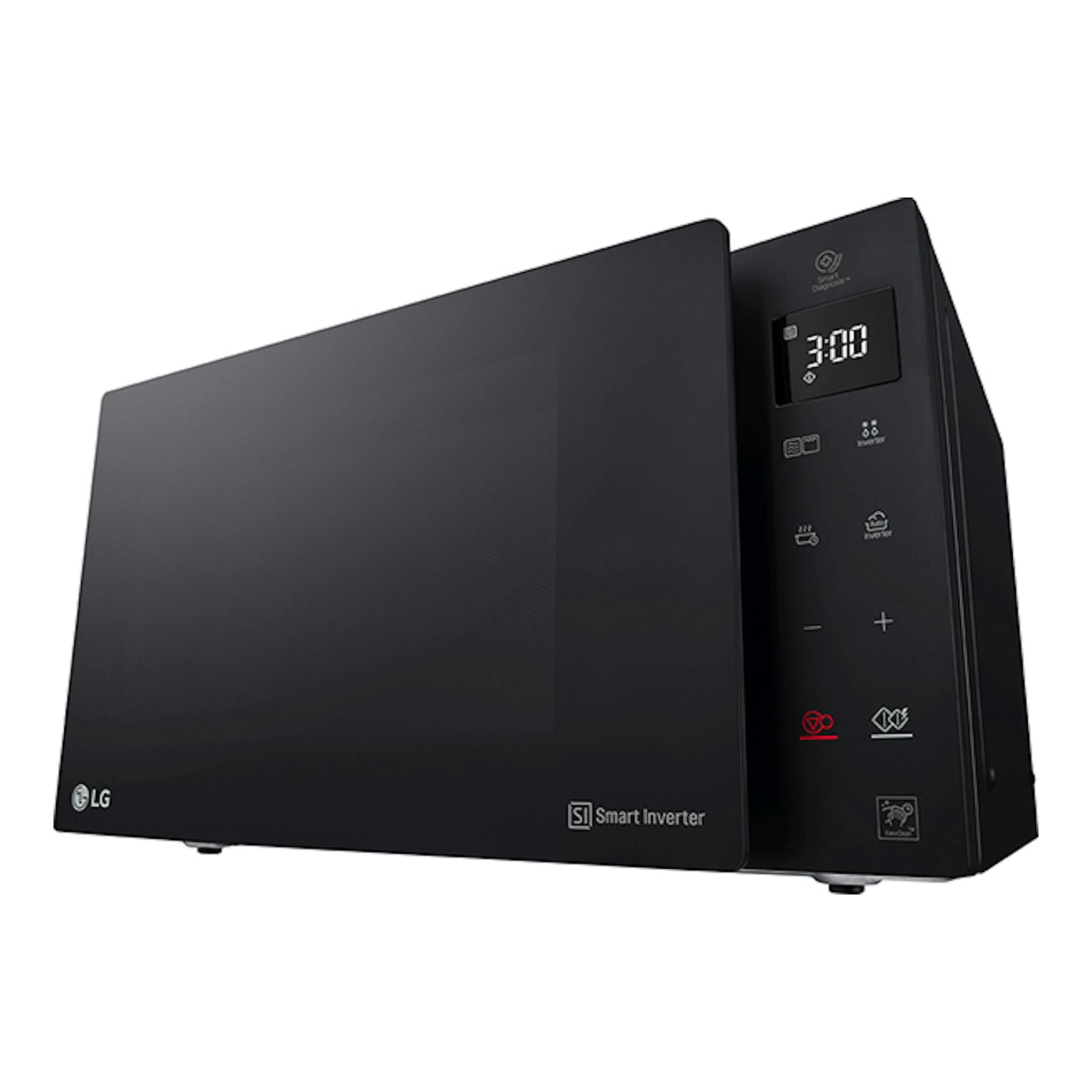 Microondas grill LG MH6535GIS negro, vista frontal en ángulo, con panel táctil y display digital.