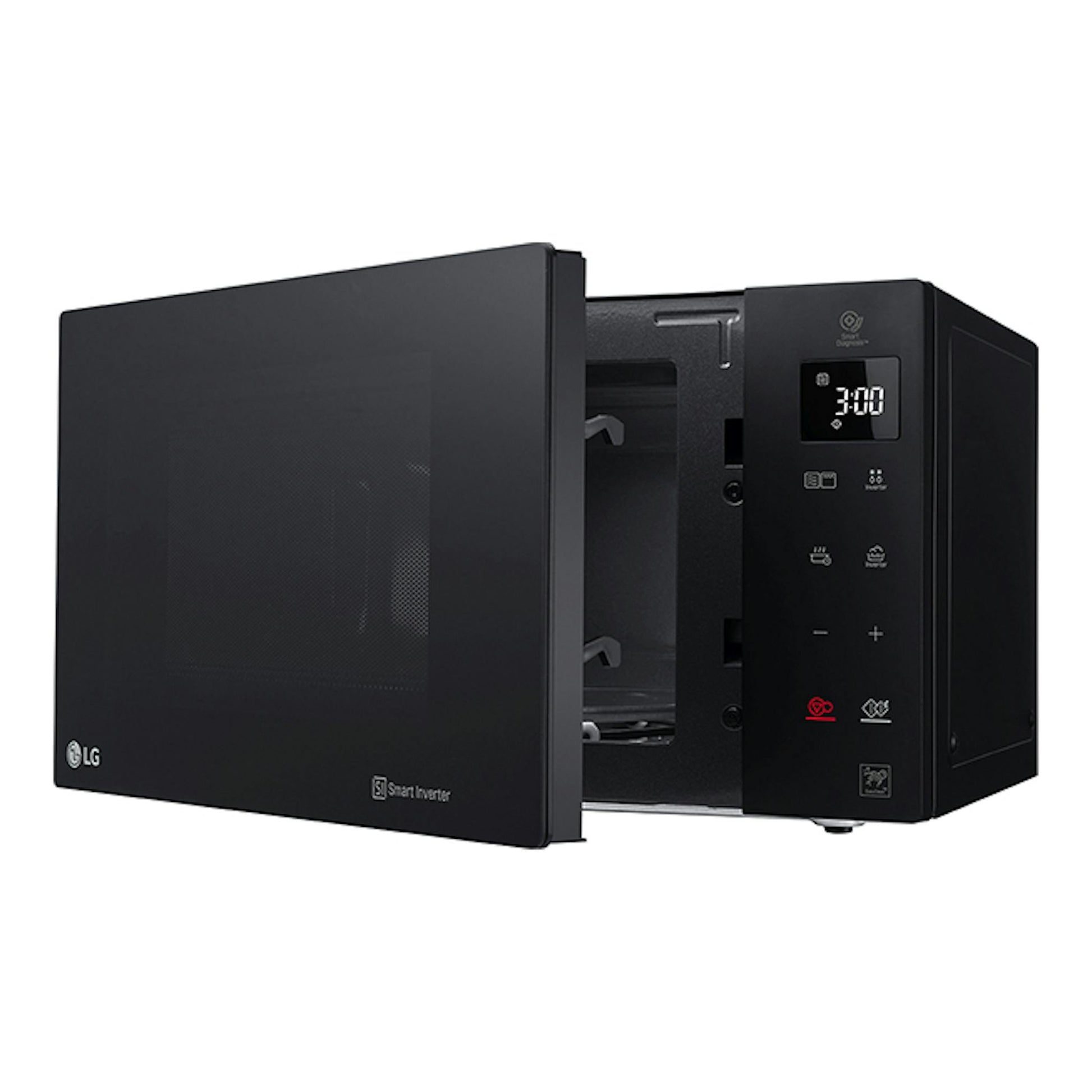 Microondas LG MH6535GIS negro, visto de frente en tres cuartos, con la puerta abierta y panel digital.