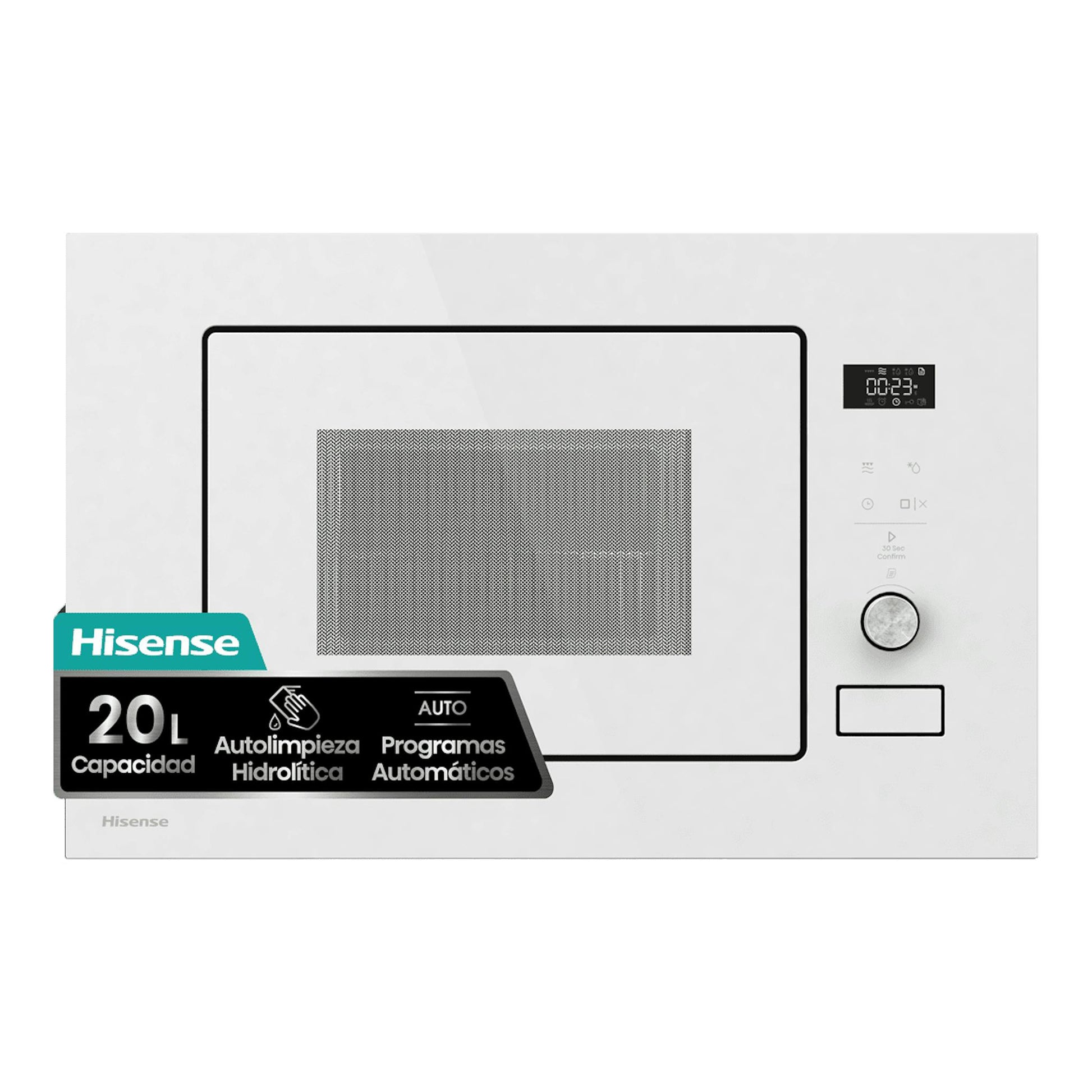Microondas integrable Hisense BIM320G52WG blanco, vista frontal, con puerta de cristal y panel digital.
