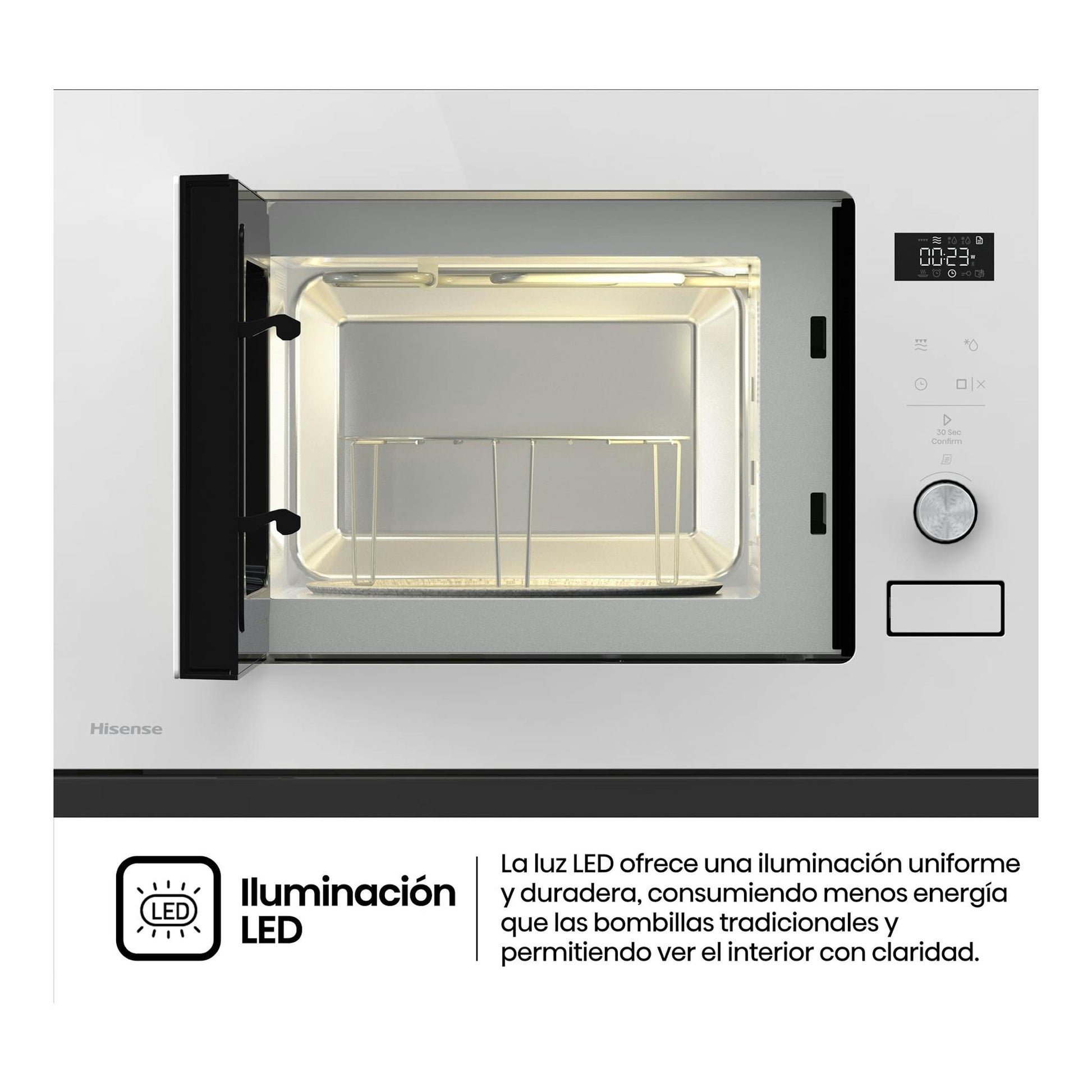 Microondas integrable Hisense BIM320G52WG, frontal, blanco con puerta de cristal abierta y panel digital a la derecha.