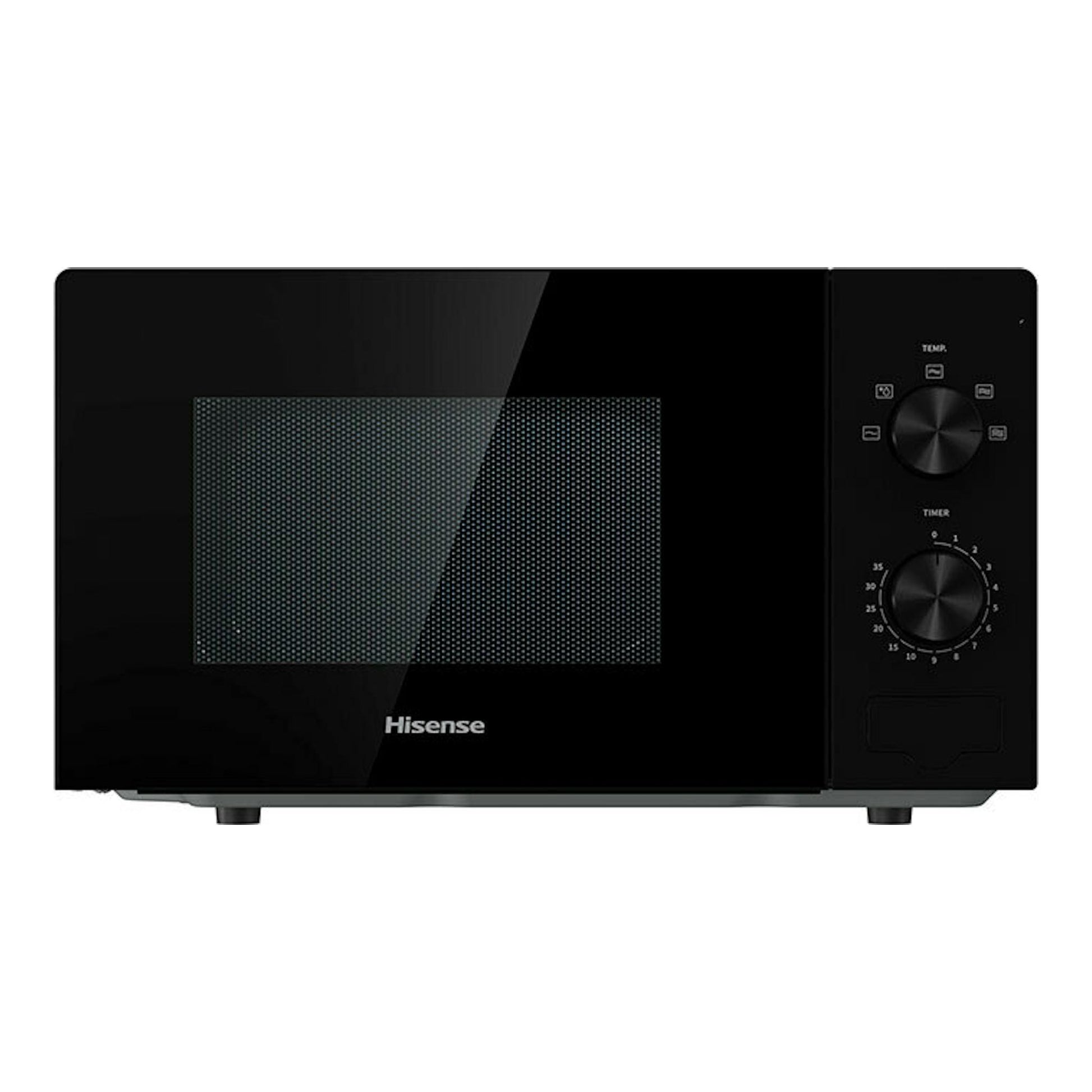 Microondas Hisense H20MOBP1 negro, vista frontal, con puerta de cristal y dos mandos.