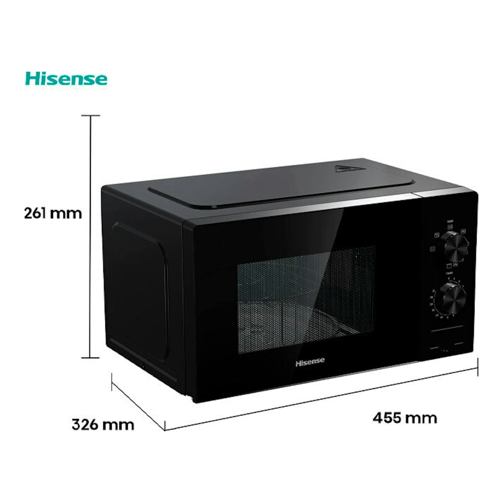 Microondas Hisense H20MOBP1 negro, vista frontal en ángulo, con dos mandos y medidas 455 x 326 x 261 mm.
