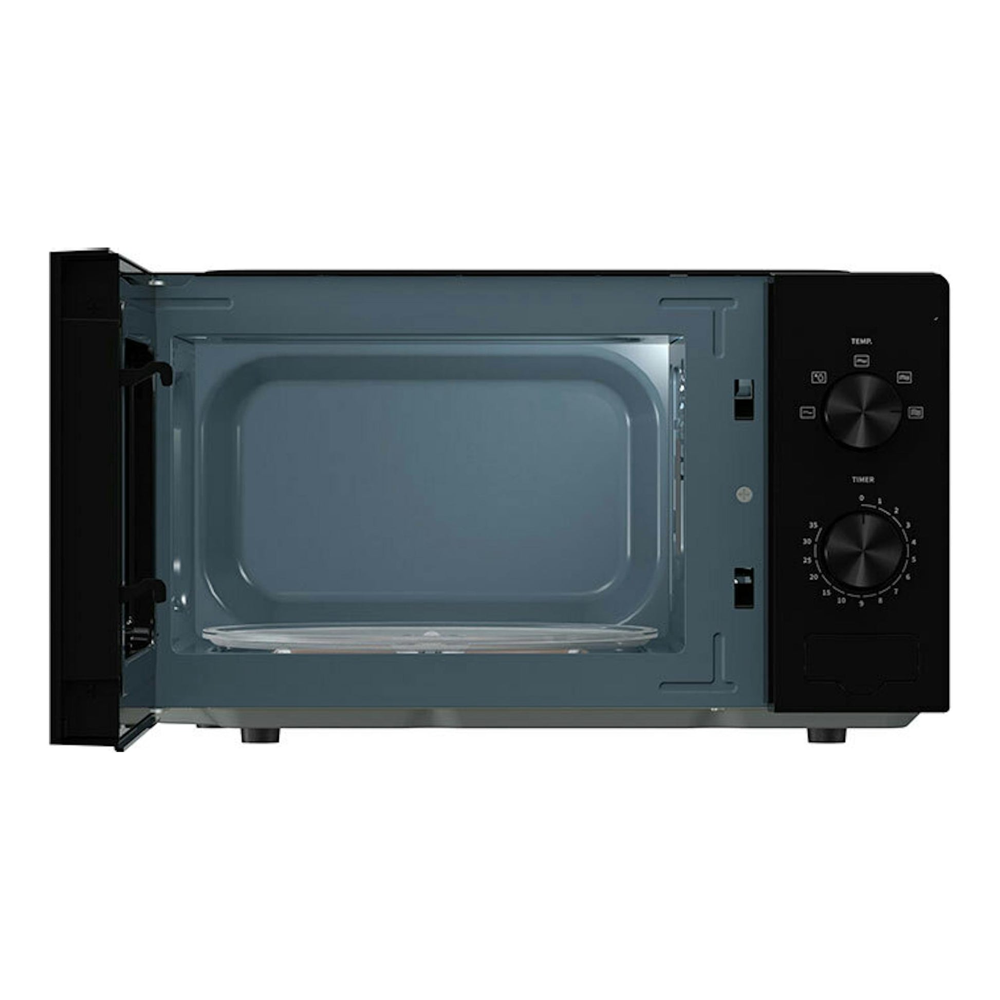 Microondas Hisense H20MOBP1 negro, con la puerta abierta, vista frontal del interior y panel de mandos lateral.