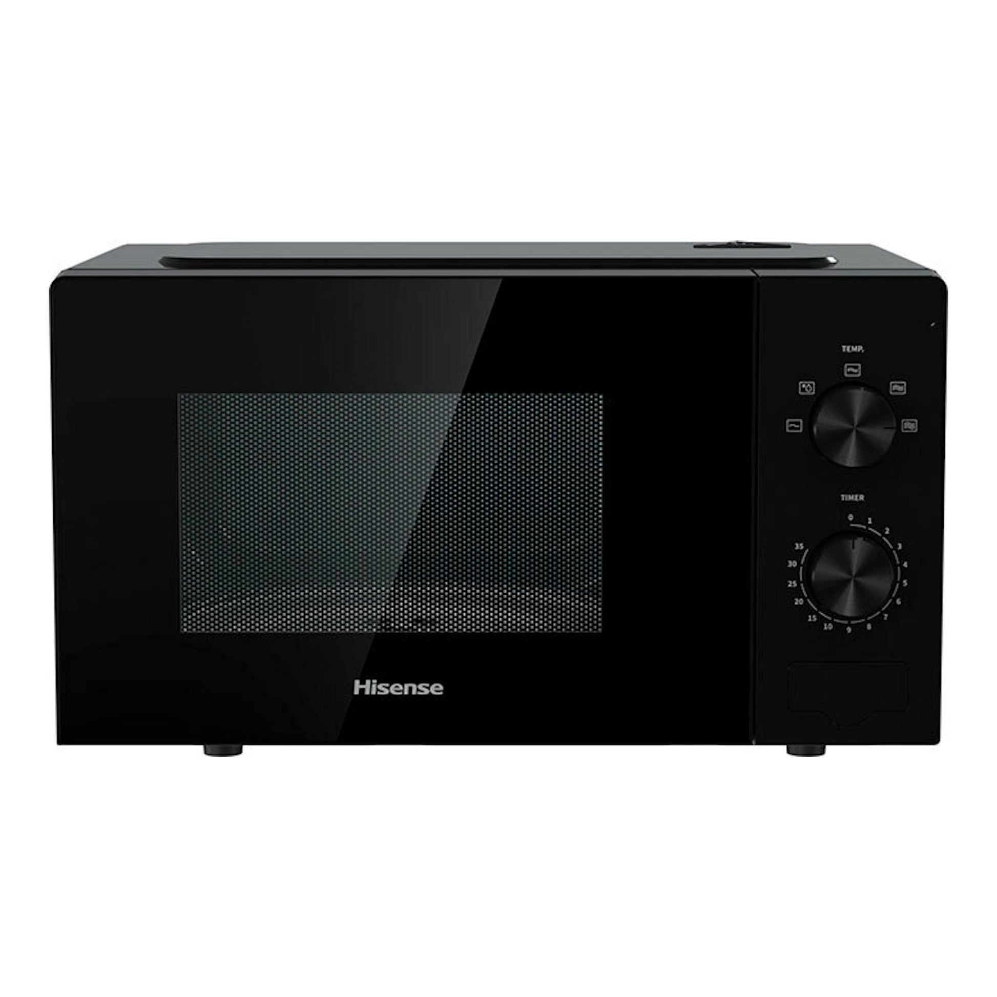 Microondas Hisense H20MOBP1 negro, vista frontal, con puerta de vidrio y dos mandos laterales.
