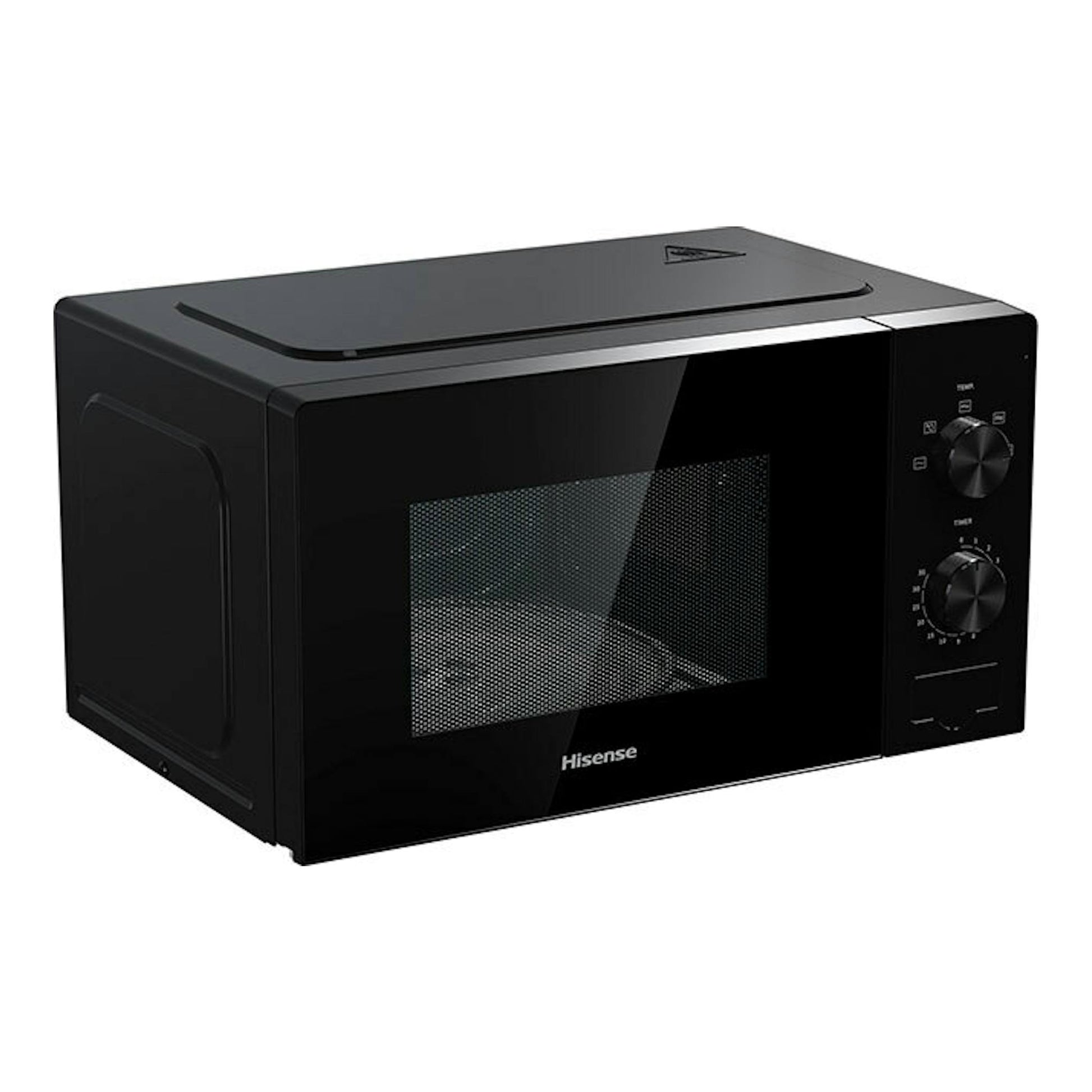 Microondas Hisense H20MOBP1 negro, vista frontal en ángulo, con puerta negra y dos mandos laterales.