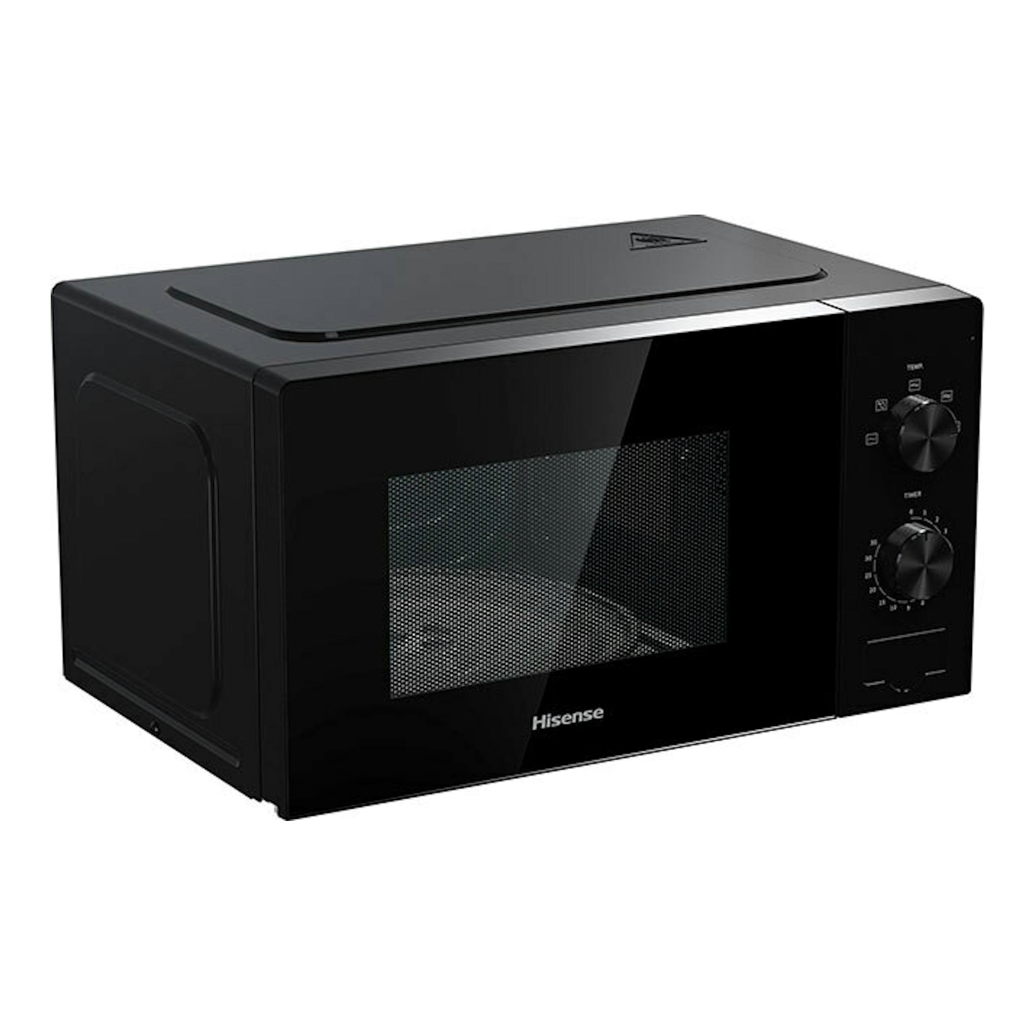 Microondas Hisense H20MOBP1 negro, vista frontal en ángulo, con puerta negra y dos mandos laterales.