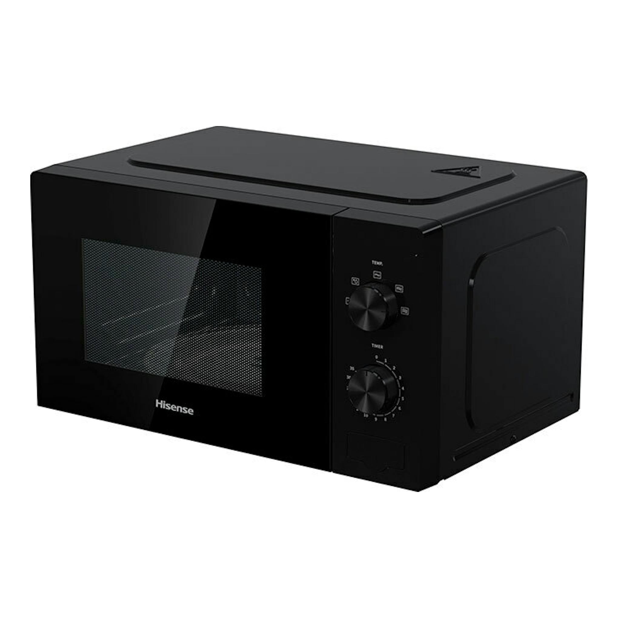 Microondas Hisense H20MOBP1 negro, vista frontal en ángulo con puerta de cristal y dos mandos.