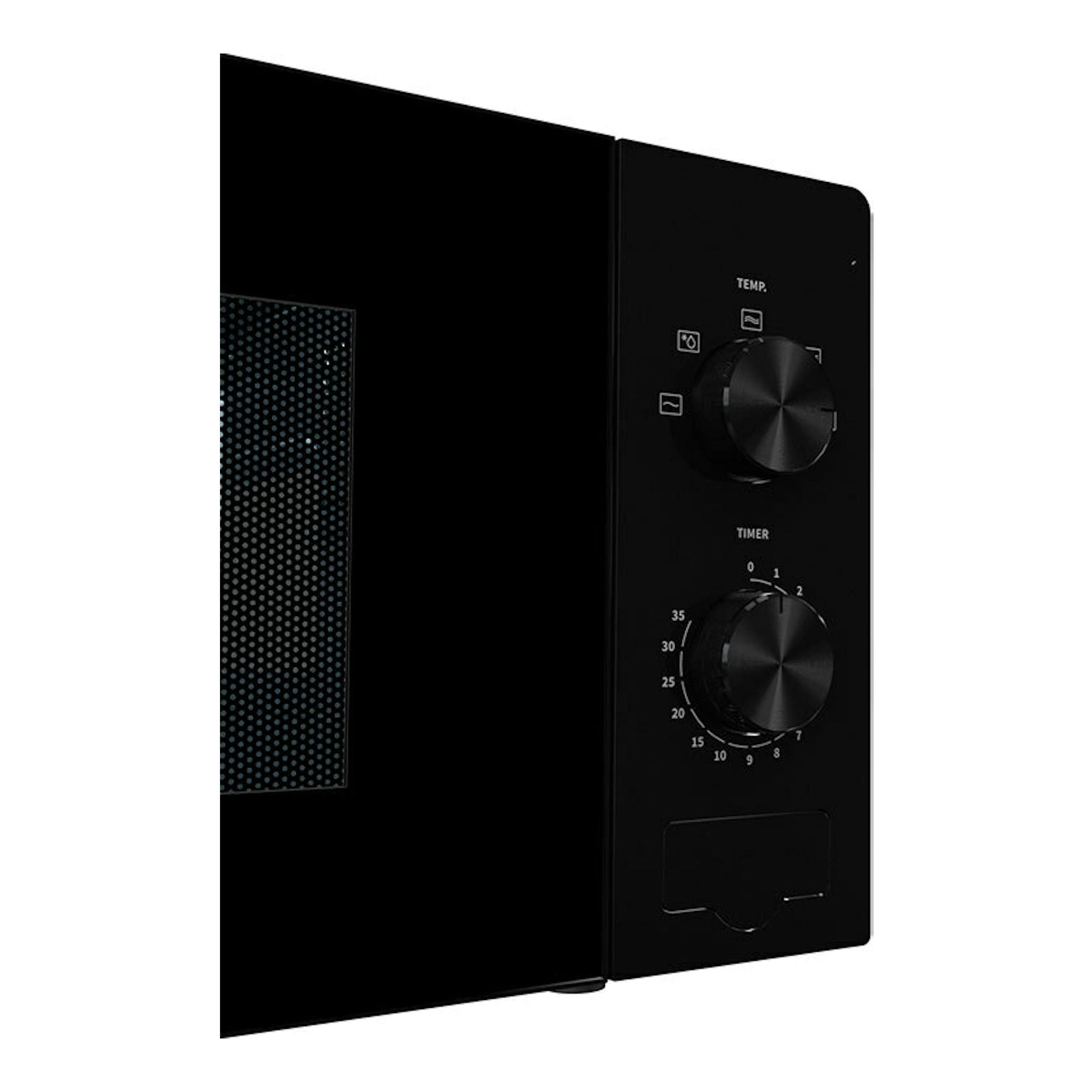 Microondas Hisense H20MOBP1 negro, vista frontal parcial, con dos mandos giratorios y puerta con panel negro.