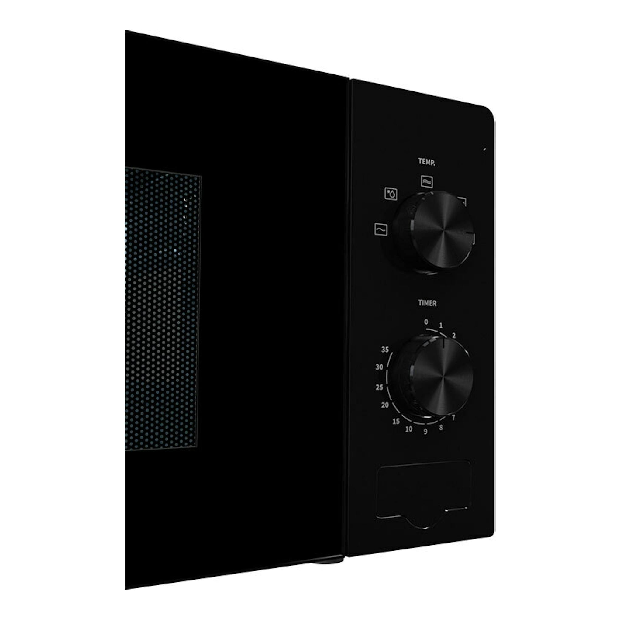 Microondas Hisense H20MOBP1 negro, vista frontal parcial, con dos mandos giratorios y puerta con panel negro.