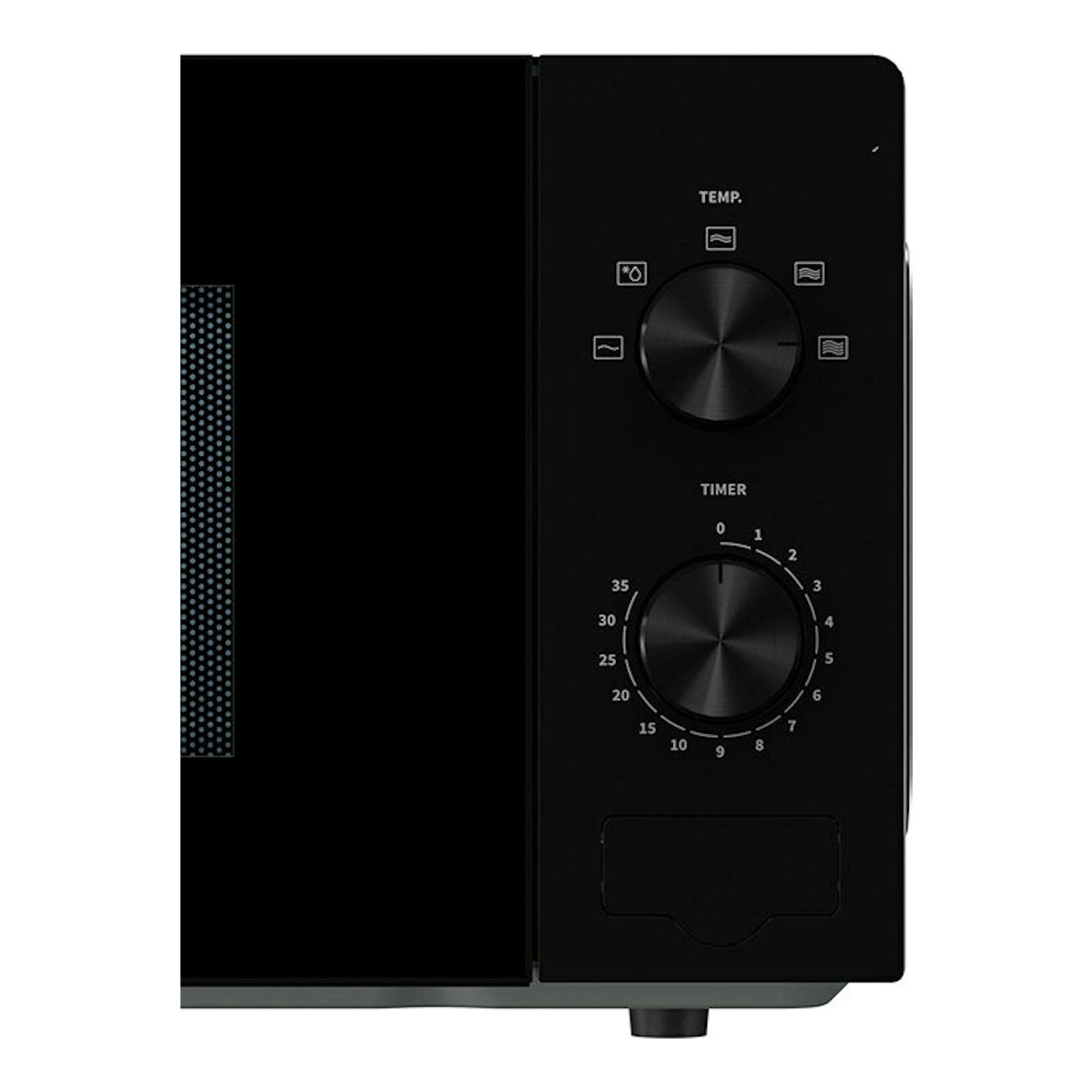 Microondas Hisense H20MOBP1 negro, vista frontal parcial con dos mandos de temperatura y temporizador.