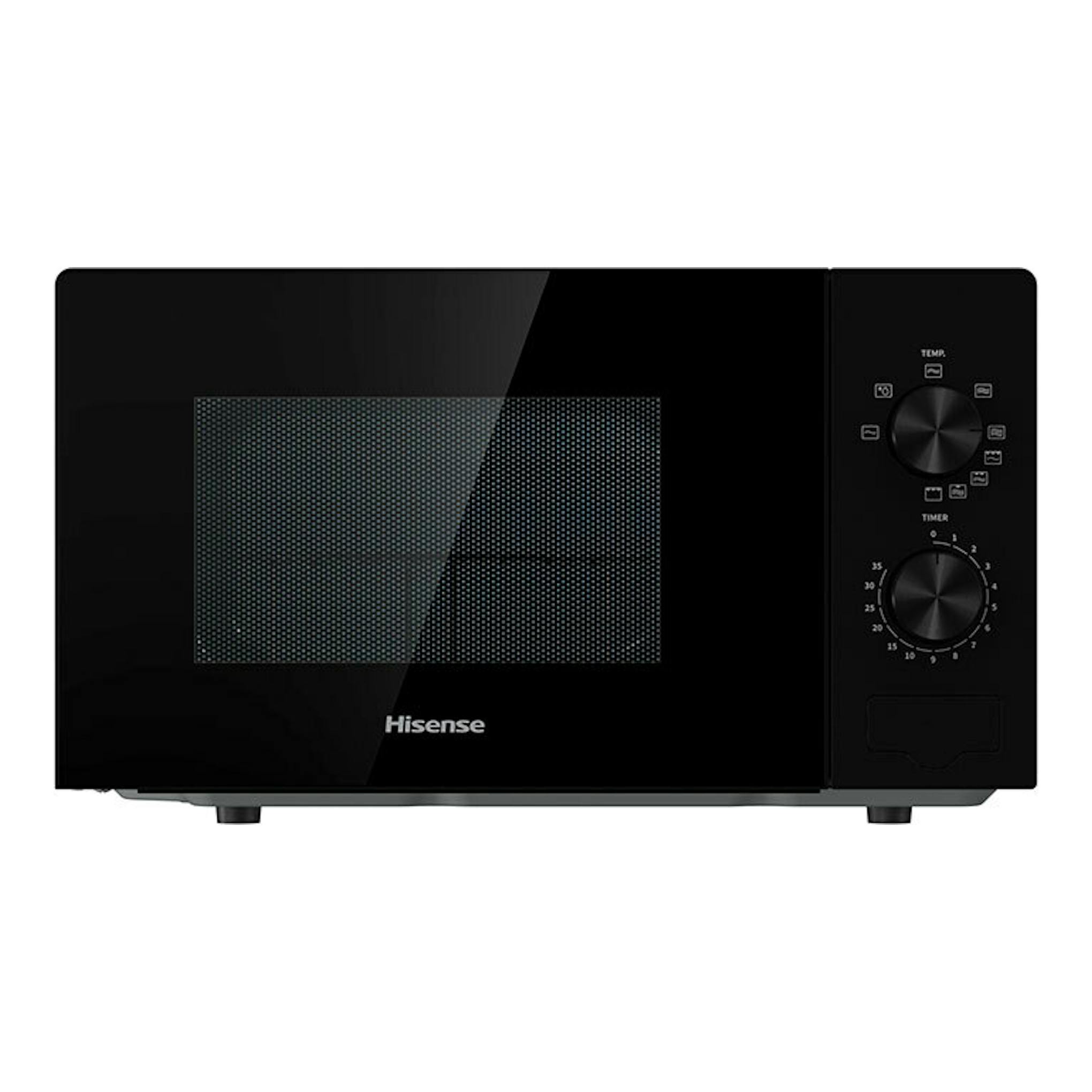 Microondas Hisense H20MOBP1G negro, vista frontal con dos mandos giratorios.