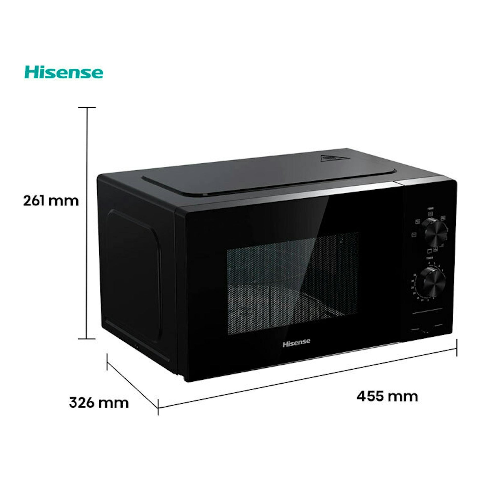 Microondas Hisense H20MOBP1G negro, vista frontal en ángulo, con dos mandos y ventana.