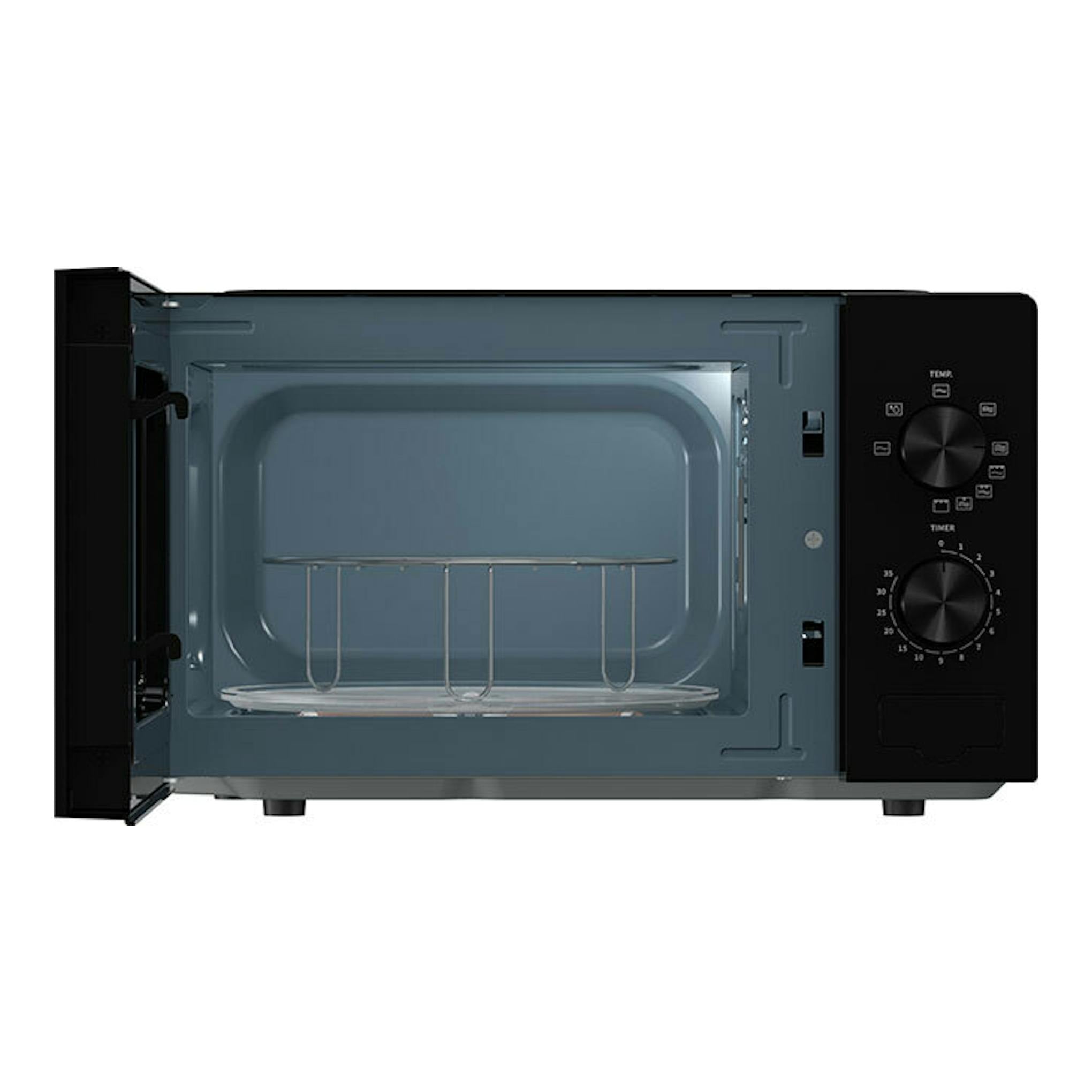 Microondas Hisense H20MOBP1G negro, vista frontal con la puerta abierta y el interior visible.
