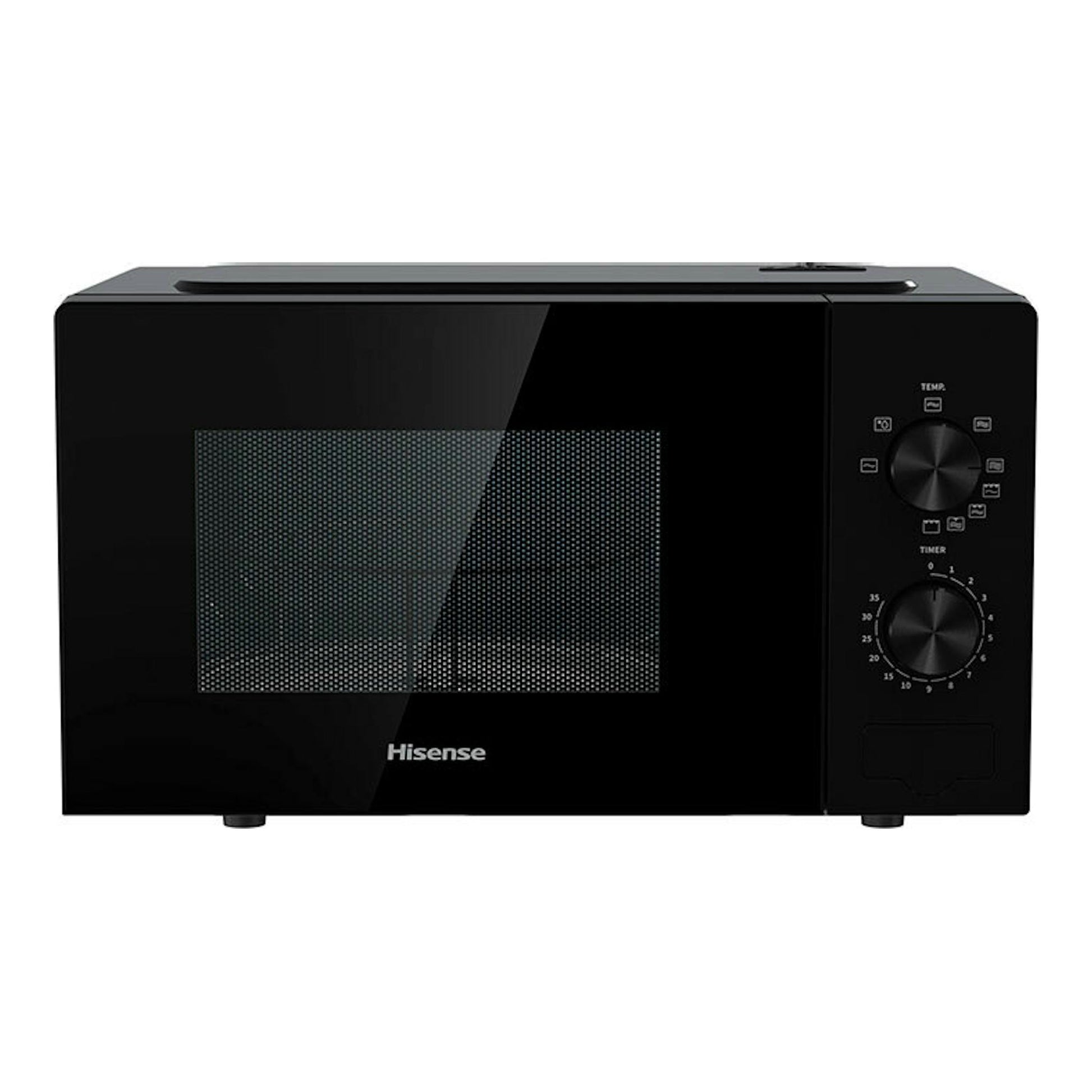 Microondas Hisense H20MOBP1G negro, vista frontal, con dos mandos y puerta negra.