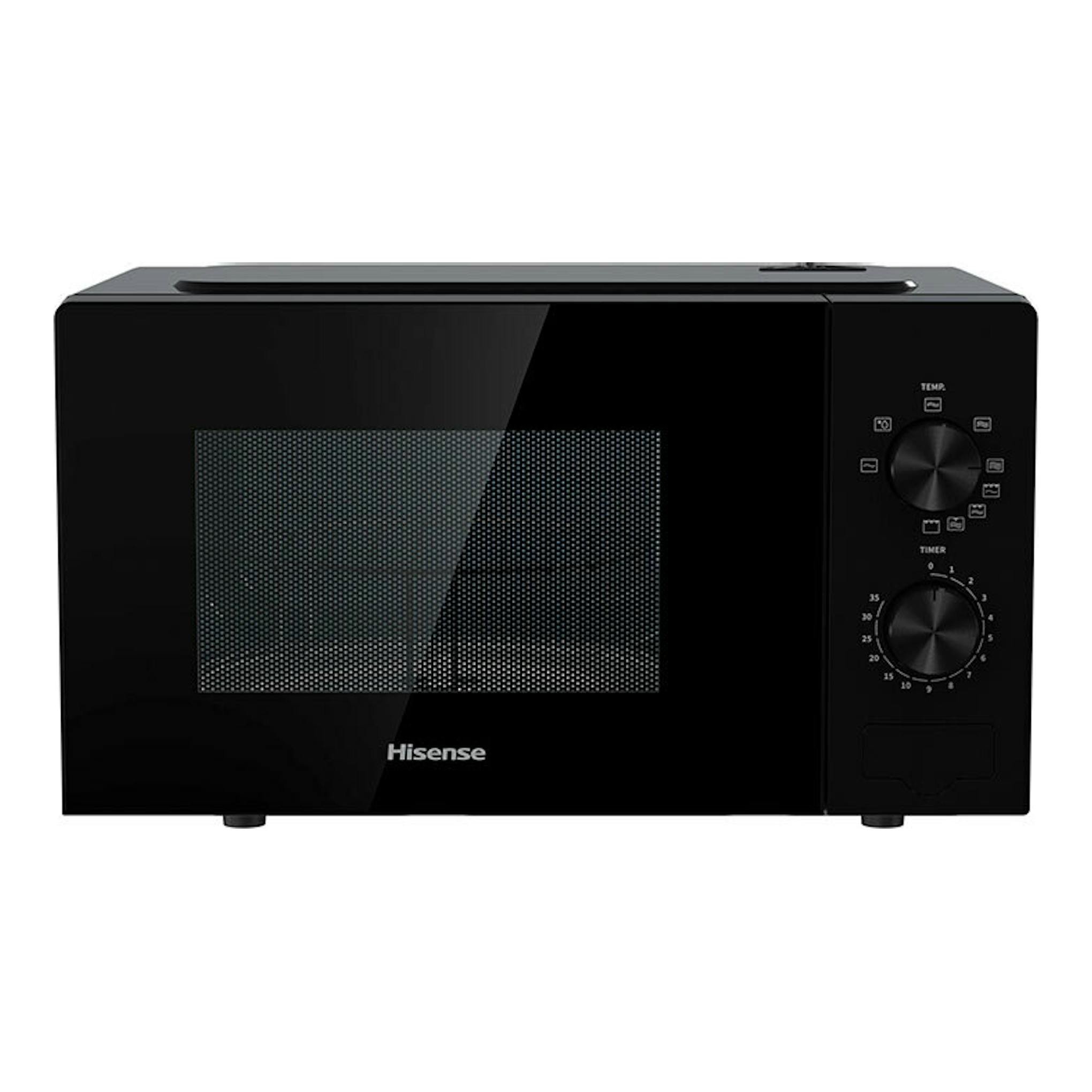 Microondas Hisense H20MOBP1G negro, vista frontal, con dos mandos y puerta negra.