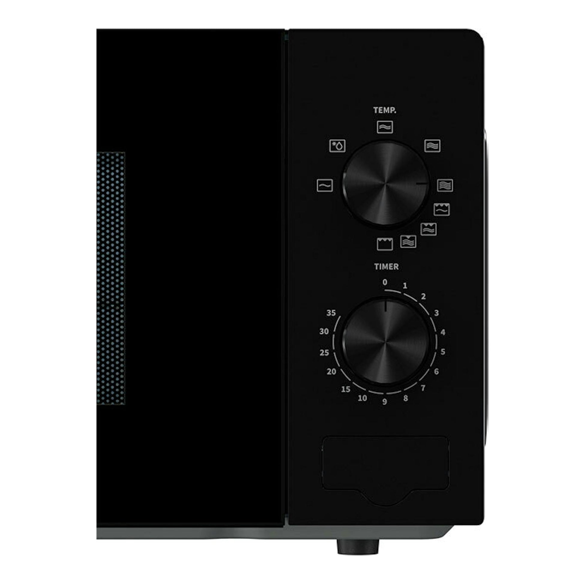 Microondas Hisense H20MOBP1G negro, vista frontal parcial con dos mandos y puerta negra.