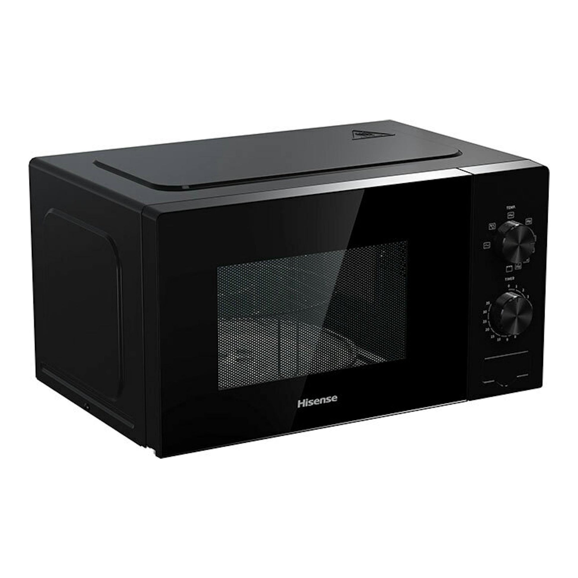 Microondas Hisense H20MOBP1G negro, vista frontal en ángulo con puerta de vidrio y mandos giratorios.