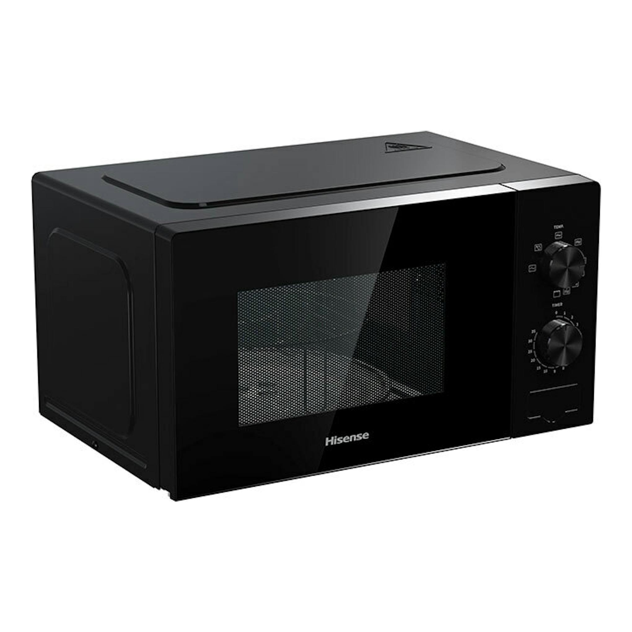Microondas Hisense H20MOBP1G negro, vista frontal en ángulo con puerta de vidrio y mandos giratorios.