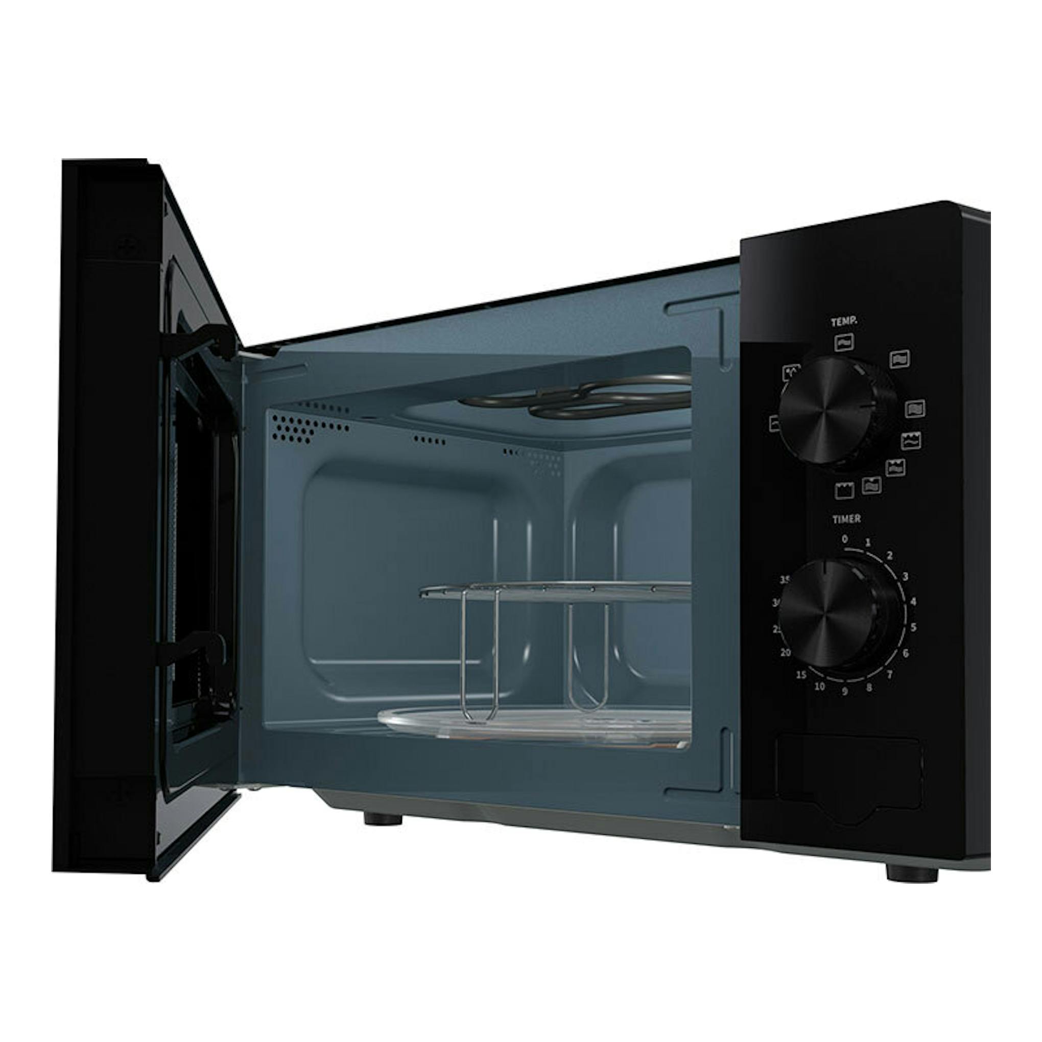 Microondas Hisense H20MOBP1G negro, vista frontal con puerta abierta e interior visible.