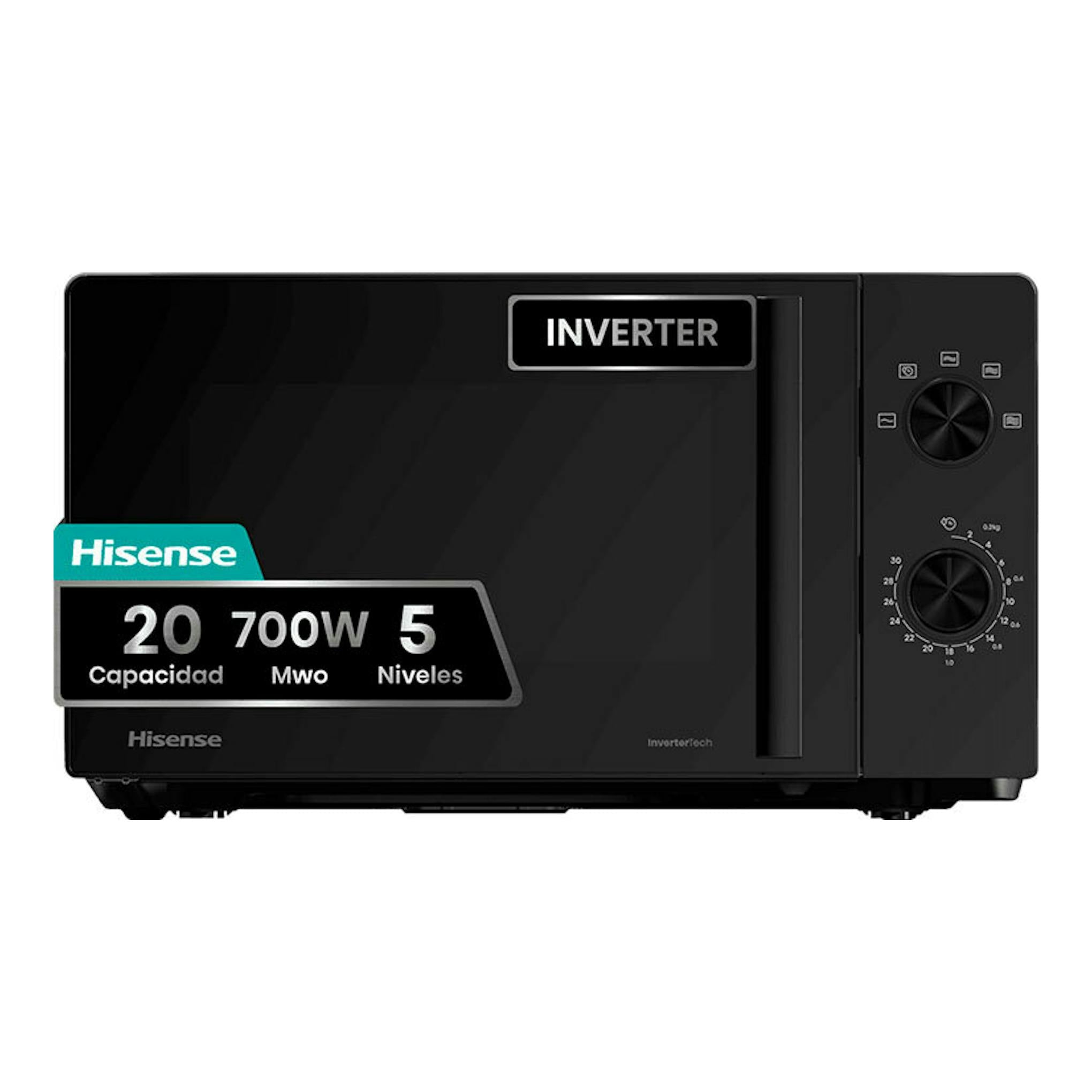 Microondas Hisense H20MOBP1HI negro, vista frontal, con dos perillas y panel Inverter.