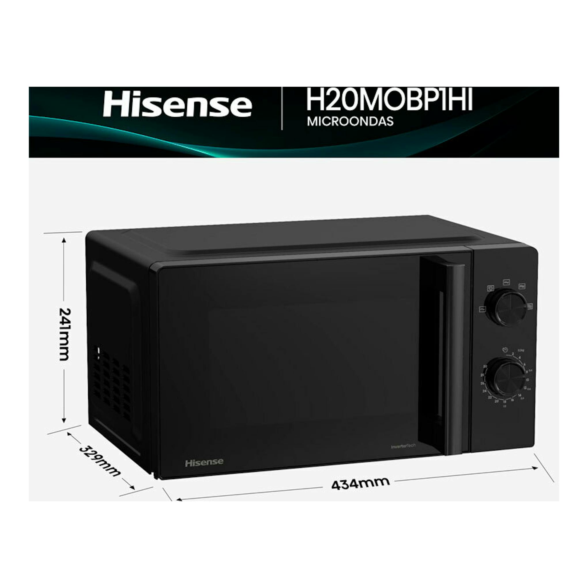 Microondas Hisense H20MOBP1HI negro, vista frontal izquierda, con dos mandos y puerta negra.