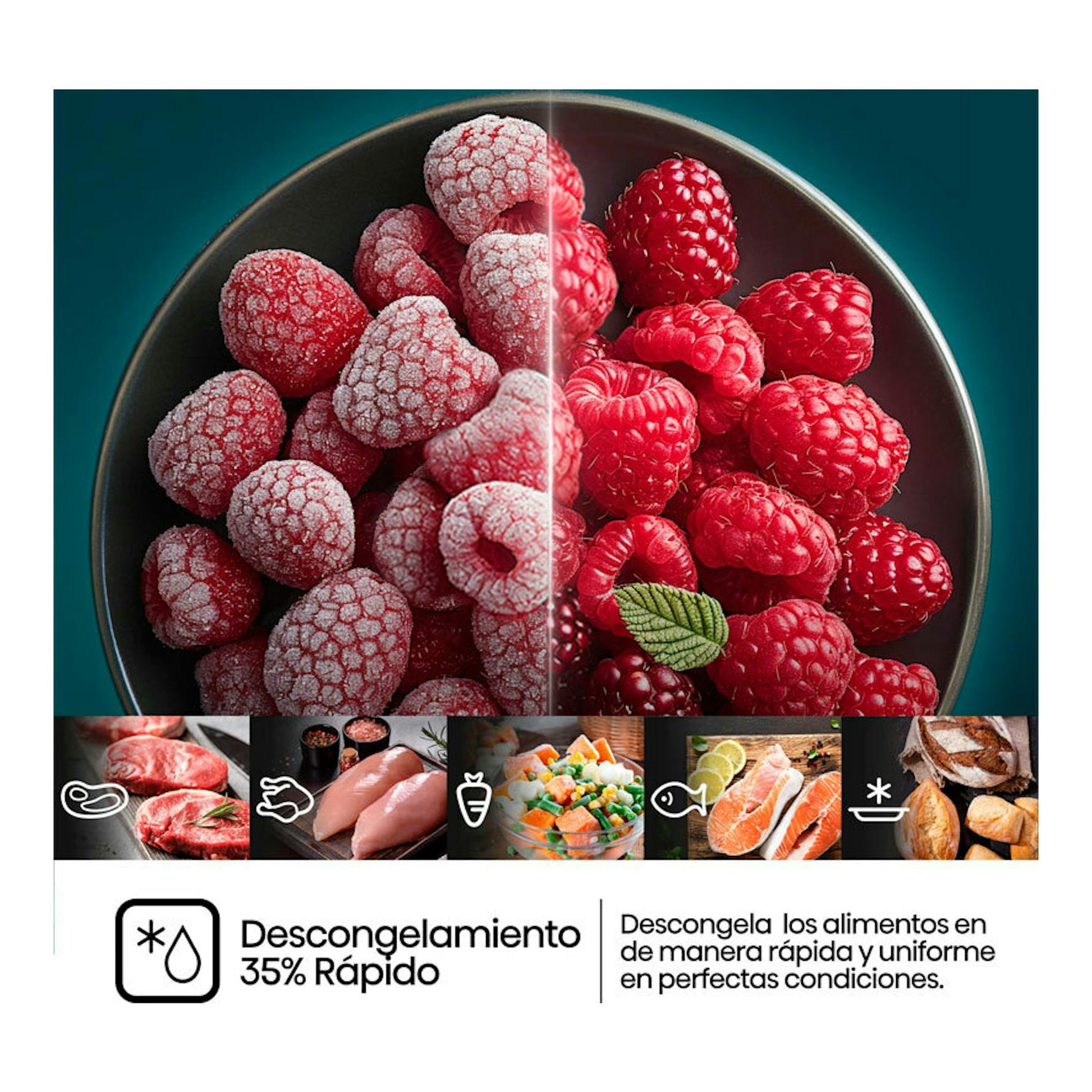Imagen promocional de microondas Hisense H20MOBP1HI con frutas congeladas y descongeladas y aviso de descongelamiento rápido.