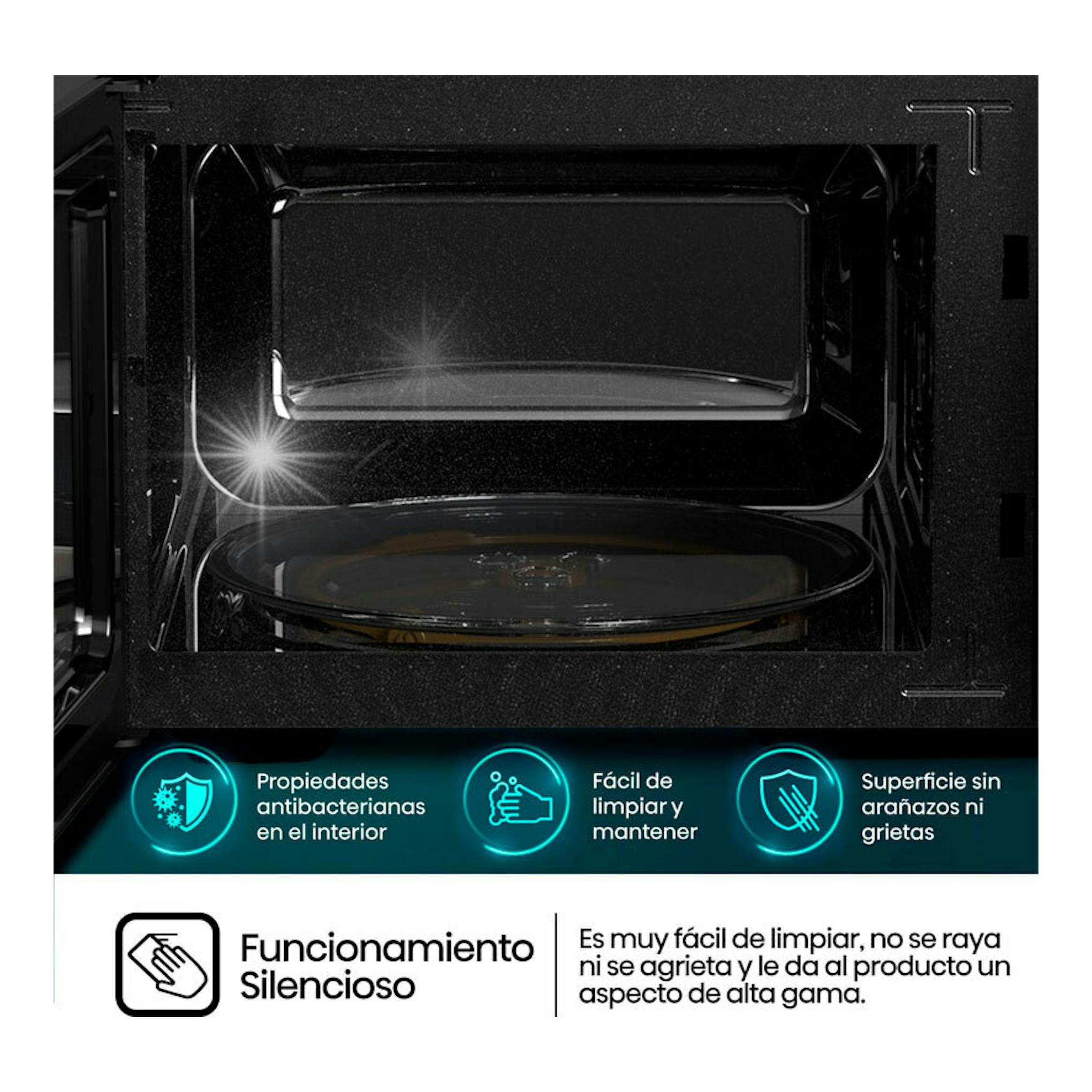 Interior de microondas Hisense H20MOBP1HI blanco, vista frontal de la cavidad negra con plato giratorio.
