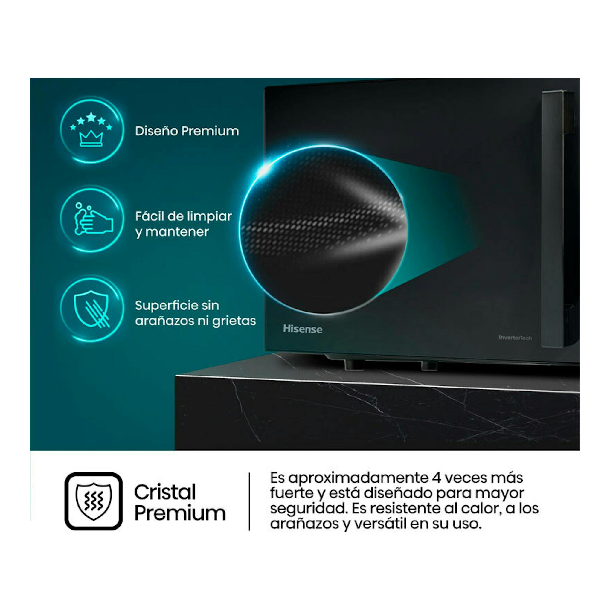Microondas Hisense H20MOBP1HI negro, vista frontal parcial, con textos promocionales.
