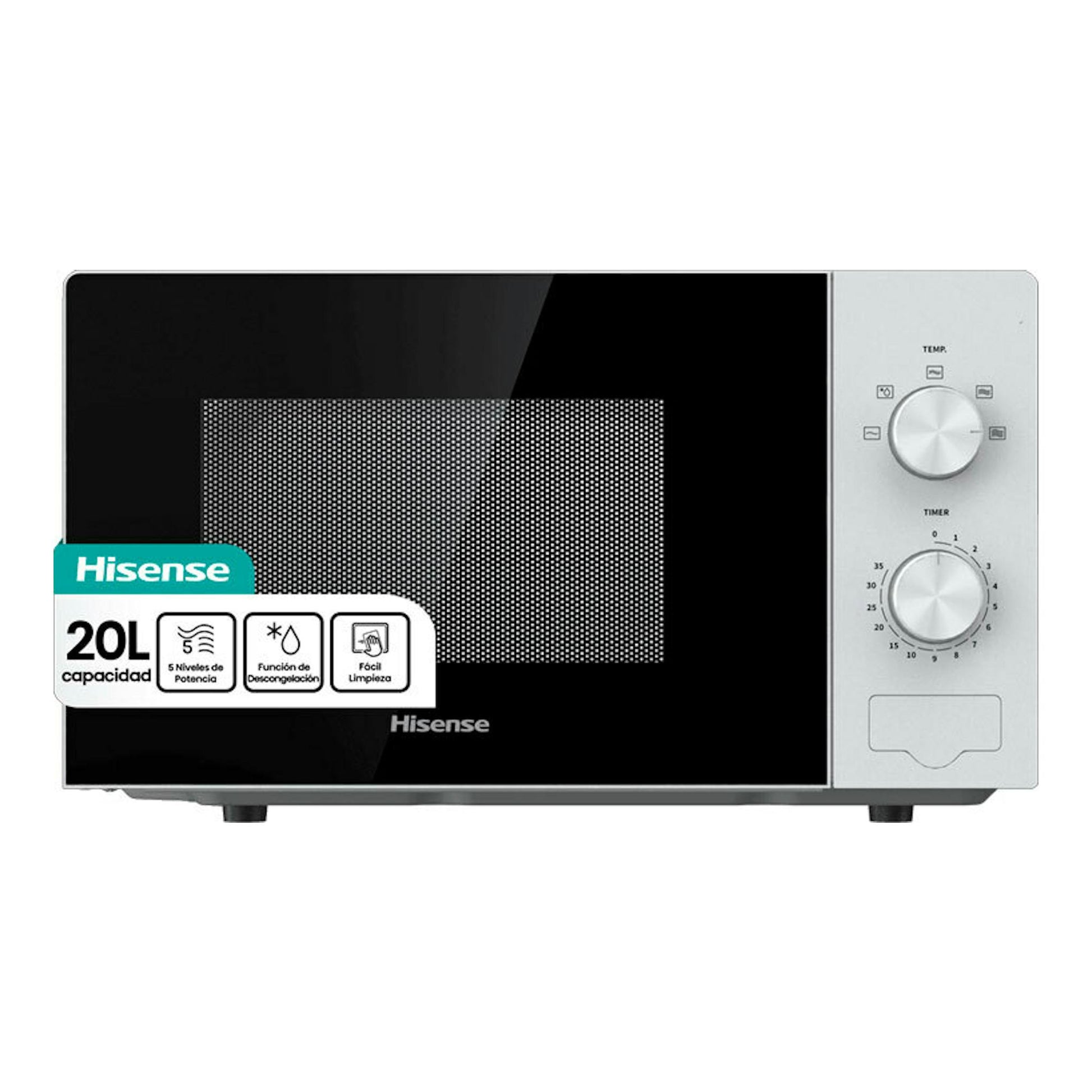 Microondas Hisense H20MOWP1 blanco y negro, vista frontal, con dos mandos giratorios y puerta negra.