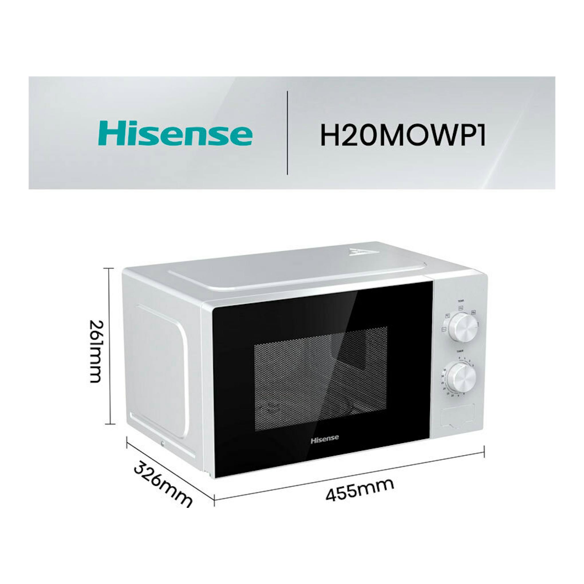 Microondas Hisense H20MOWP1 blanco, vista 3/4 frontal, con dos mandos laterales y medidas indicadas.