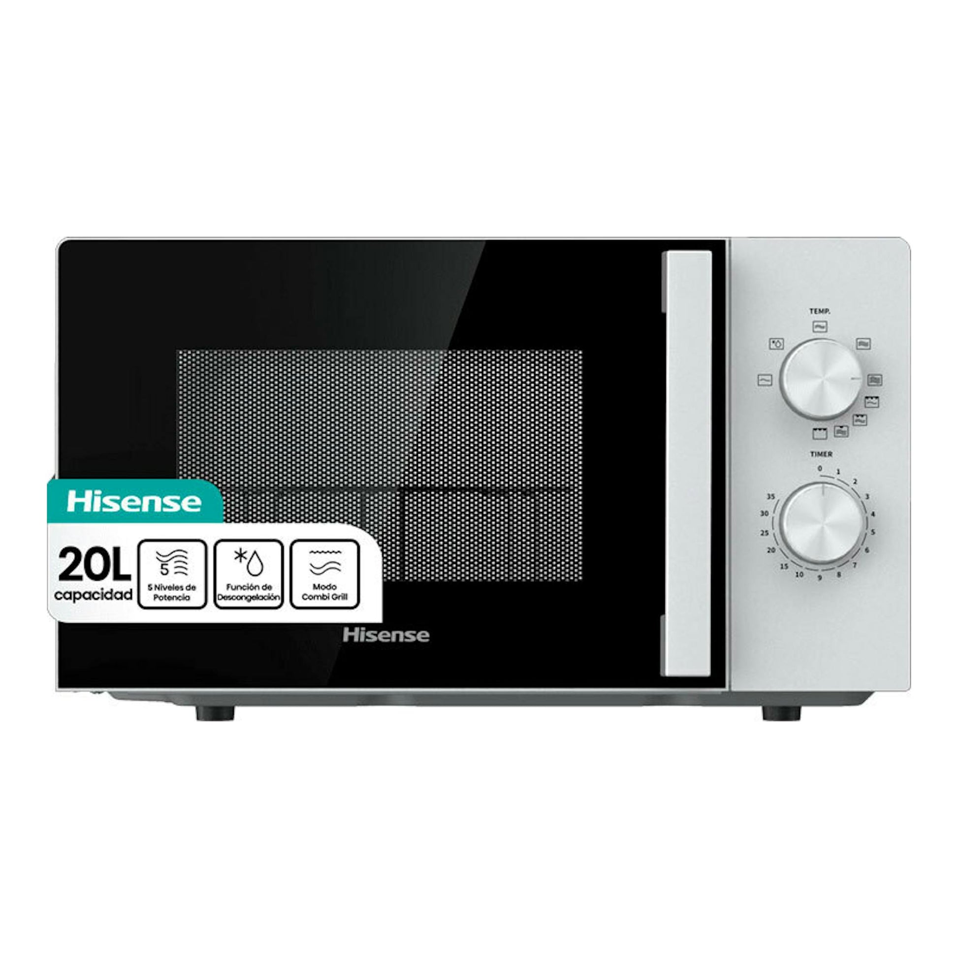 Microondas Hisense H20MOWP1HG negro, vista frontal, puerta negra y panel lateral plateado con dos mandos.