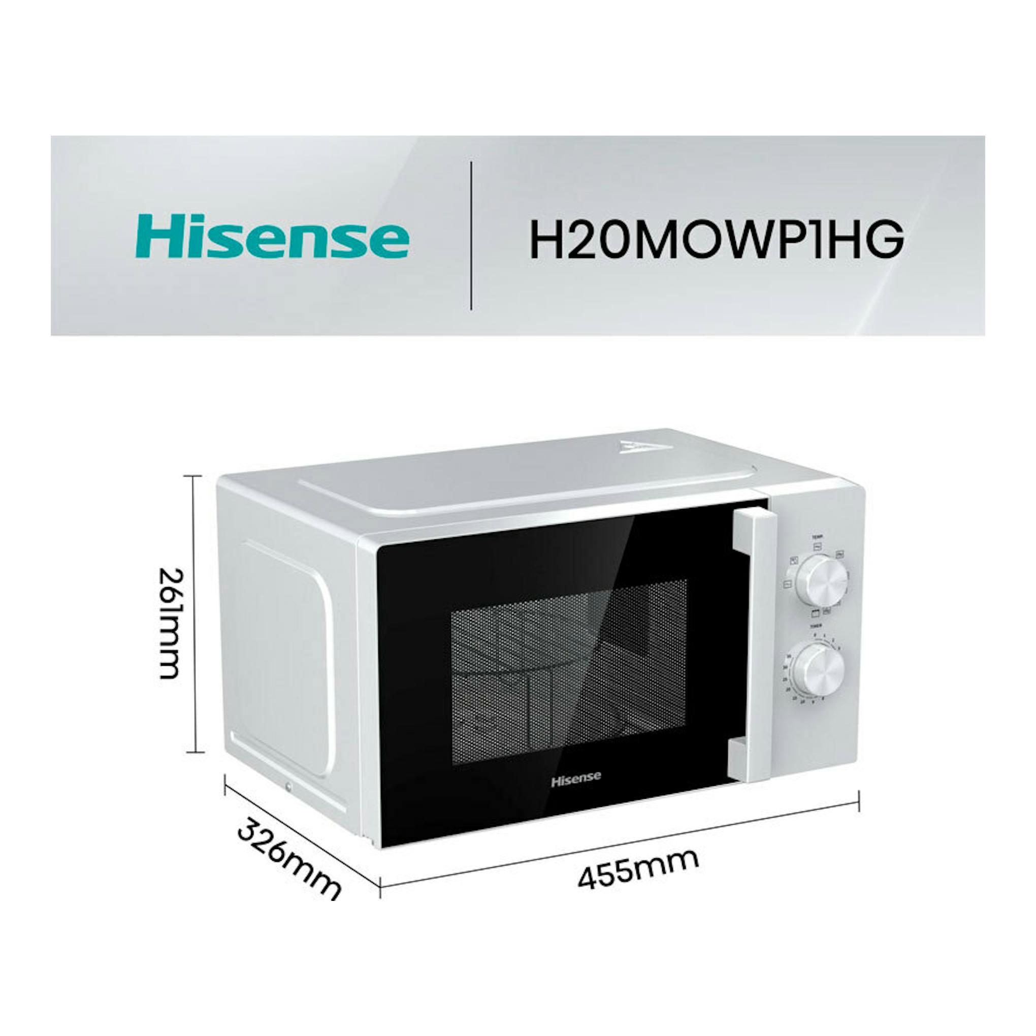 Microondas Hisense H20MOWP1HG blanco y negro, vista 3/4 frontal con dos mandos y puerta negra.