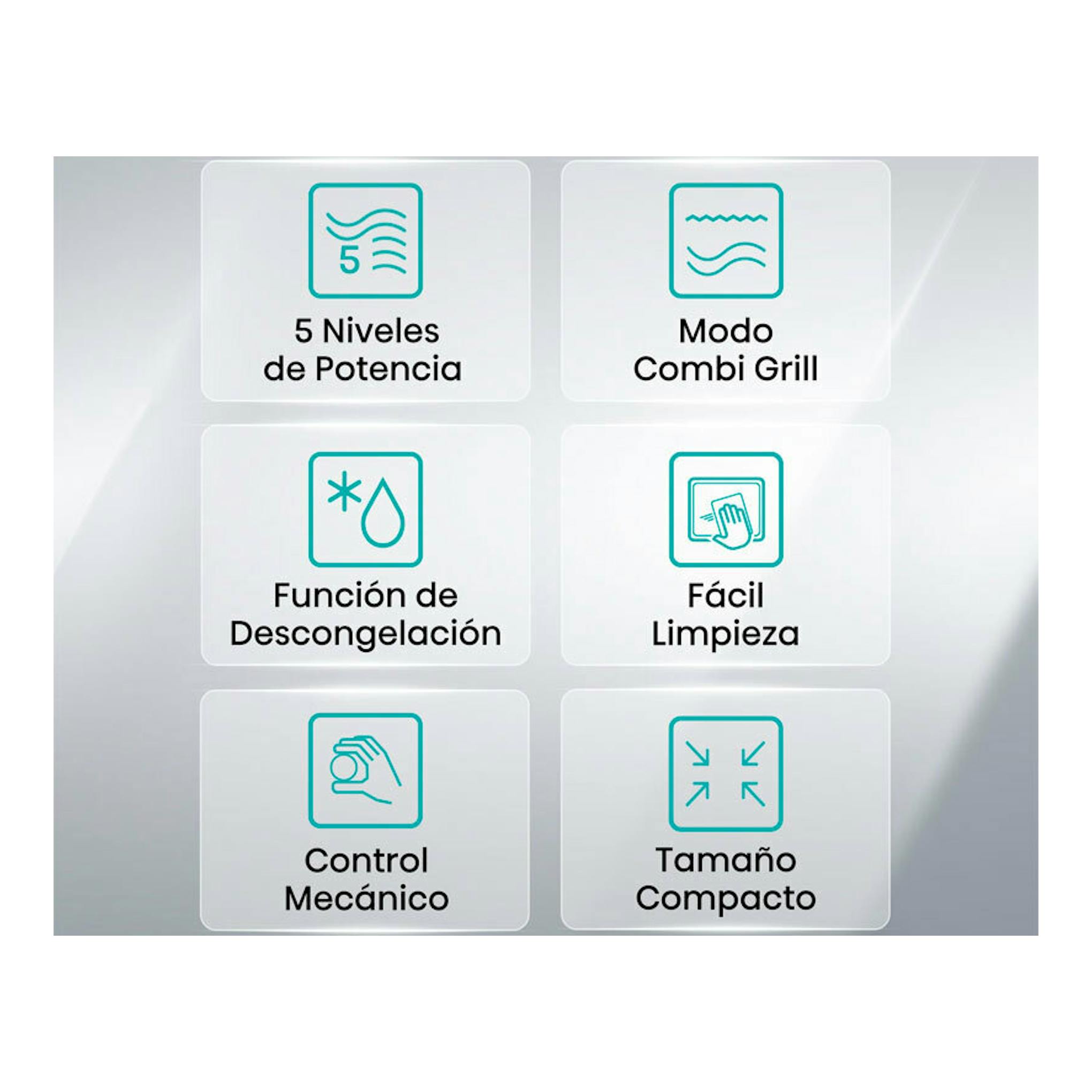 Hisense H20MOWP1HG negro, gráfico frontal con 6 iconos: 5 niveles, combi grill, descongelación y limpieza.