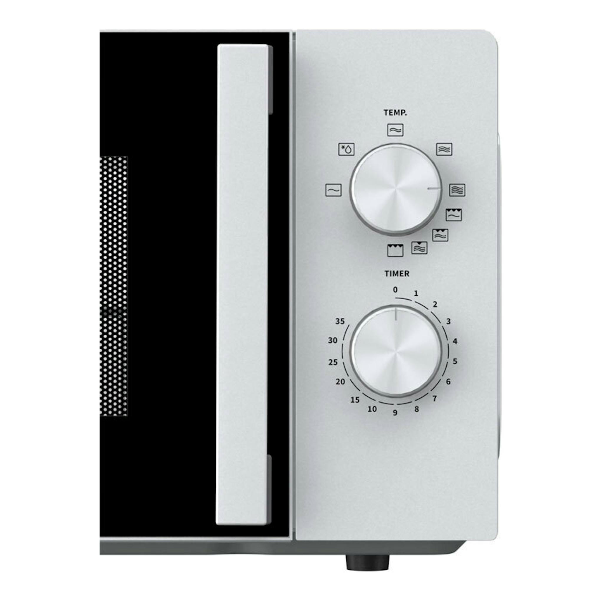 Microondas Hisense H20MOWP1HG negro y plateado, vista frontal parcial con dos mandos giratorios.